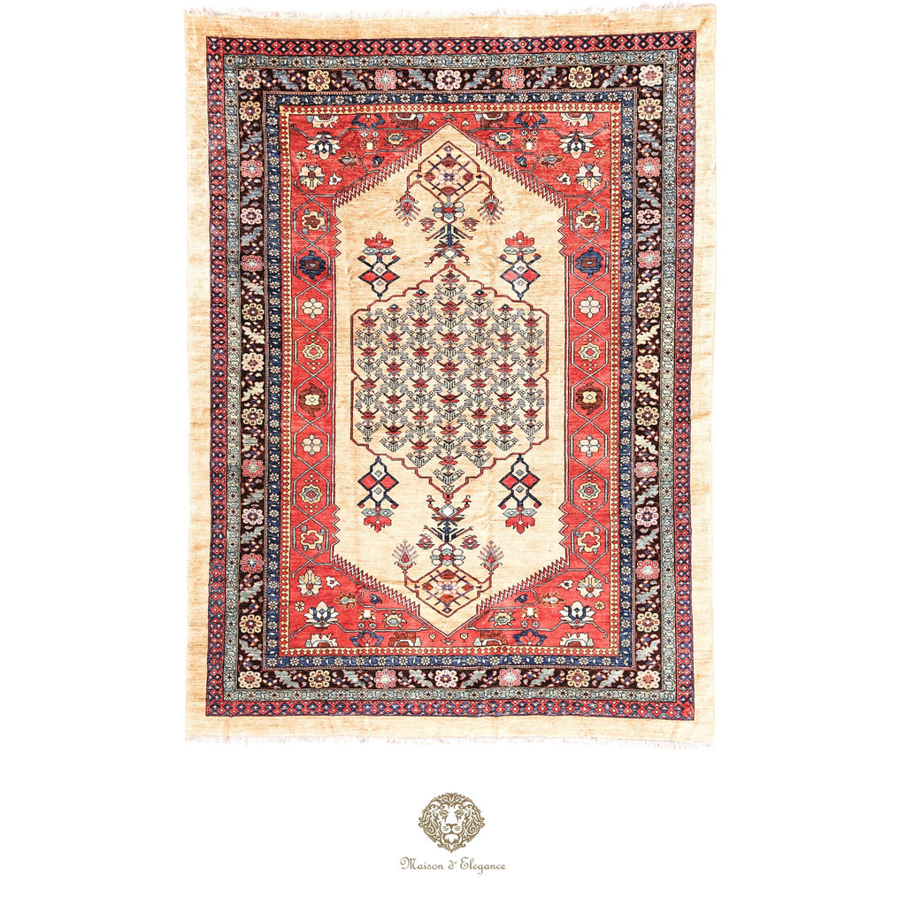 Decorative rug with intricate patterns on a gold background