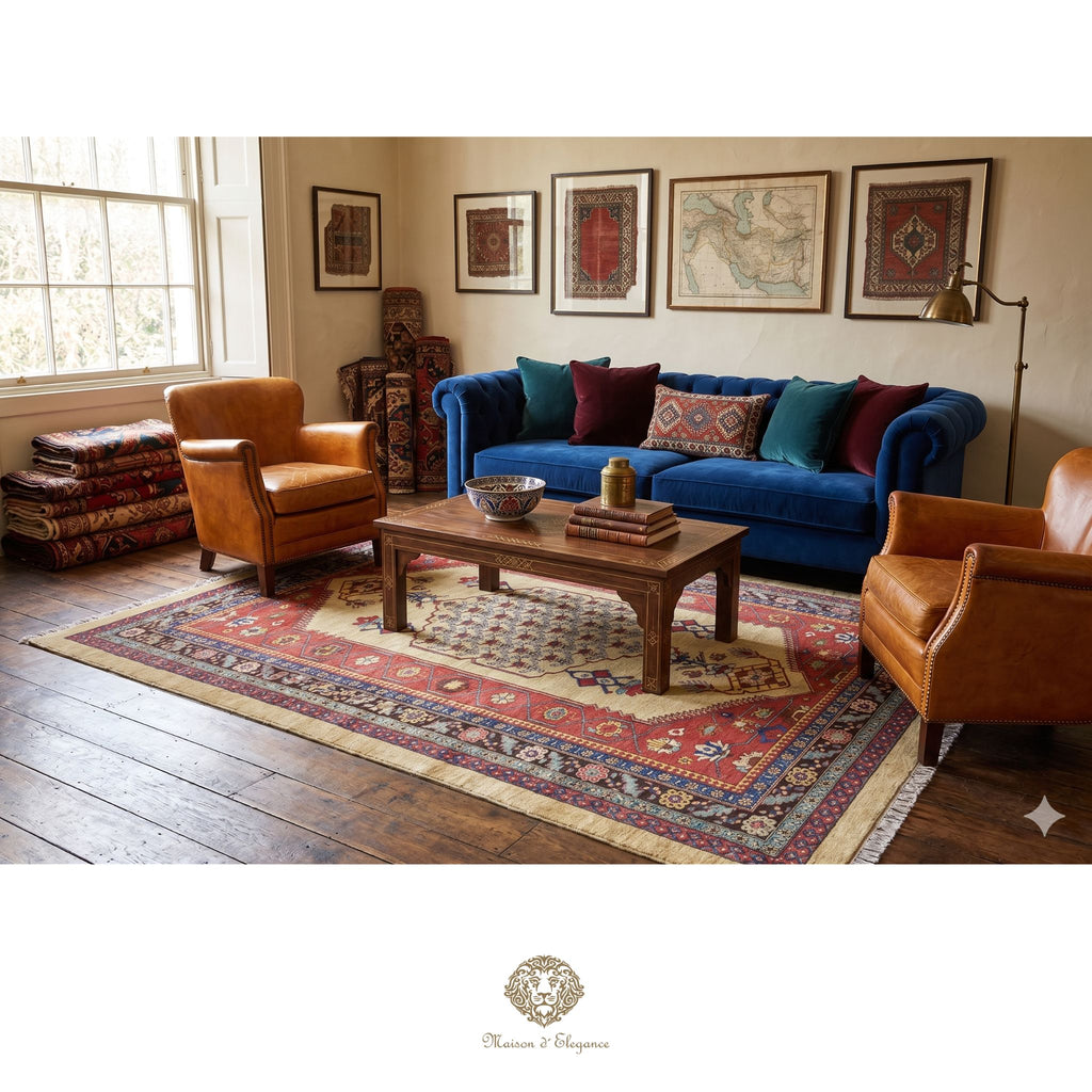 Living room with blue sofa, brown armchairs, and wooden coffee table on a patterned rug.