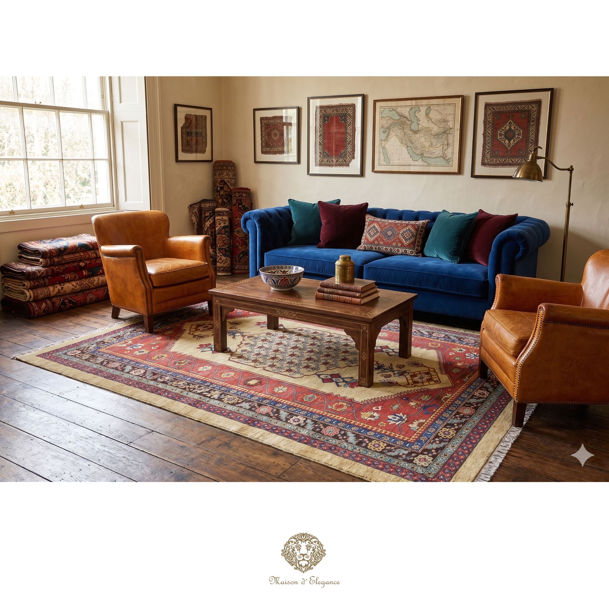 Living room with blue sofa, brown armchairs, and wooden coffee table on a patterned rug.