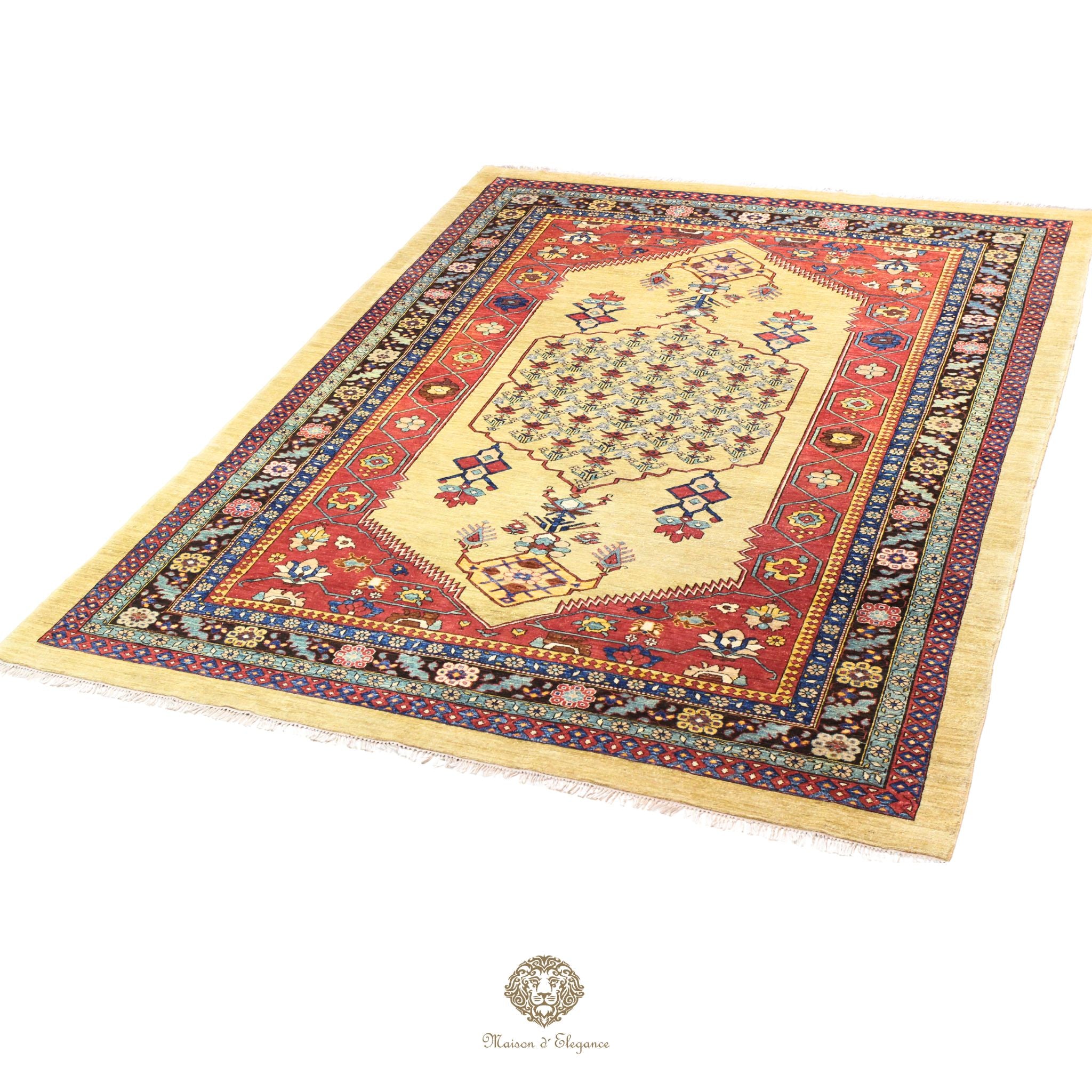 Decorative rug with intricate patterns on a gold background
