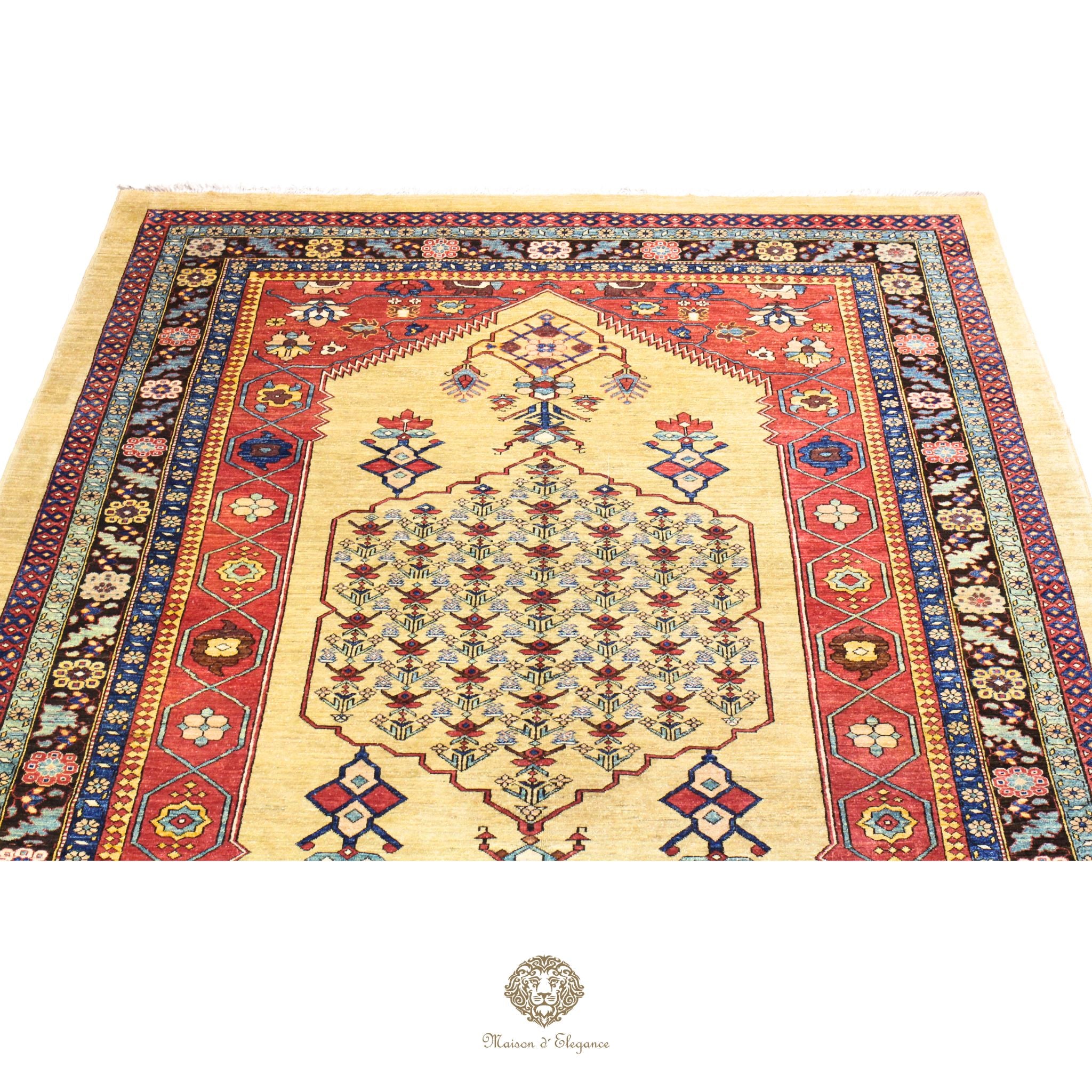 Decorative rug with intricate patterns on a wooden floor