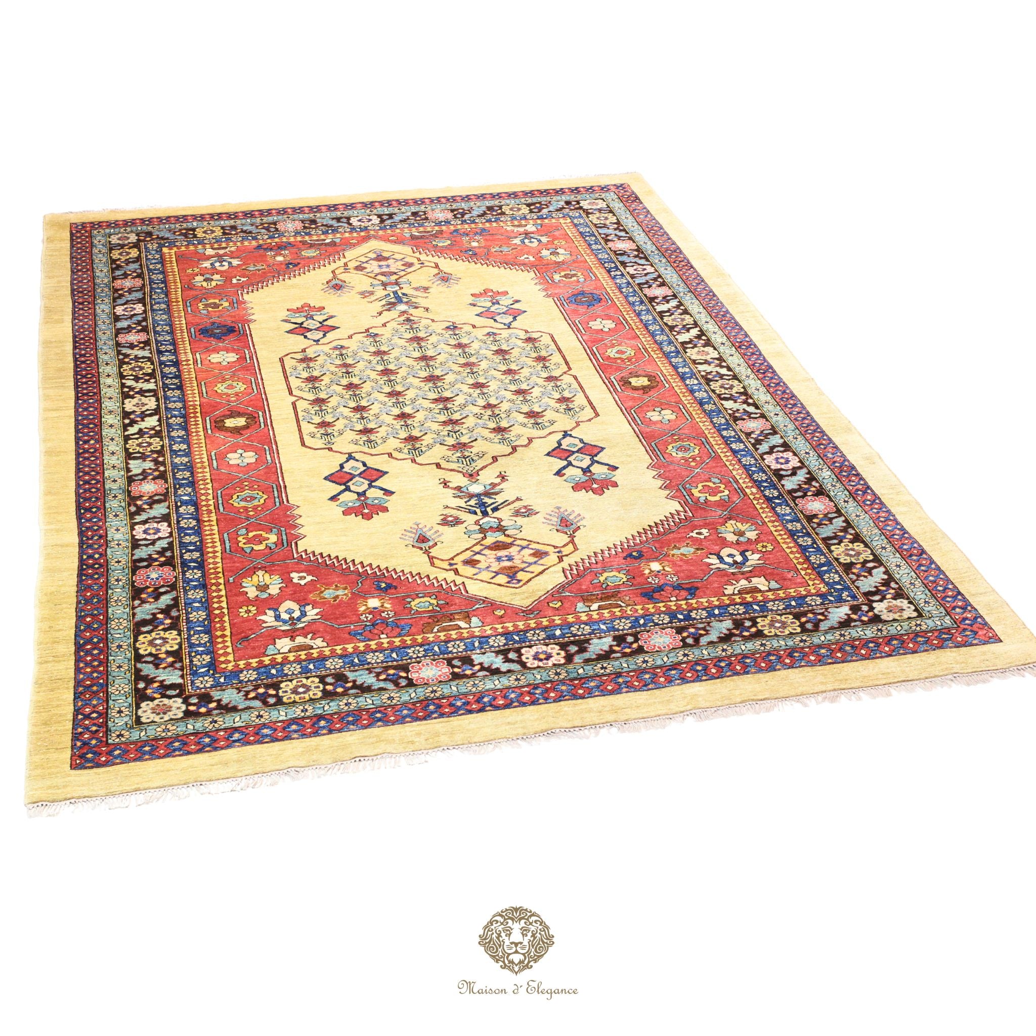 Decorative rug with intricate patterns on a white background