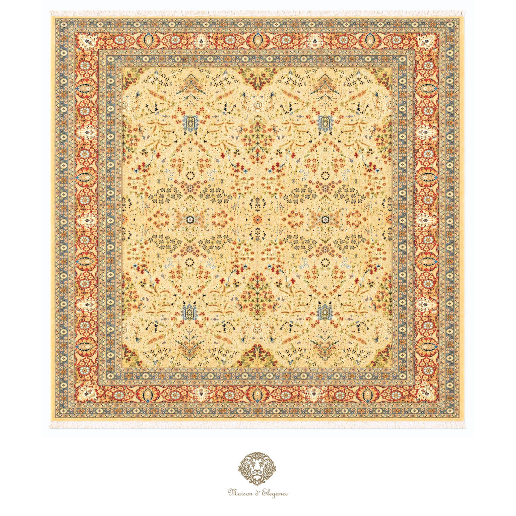 Decorative rug with intricate patterns on a beige background