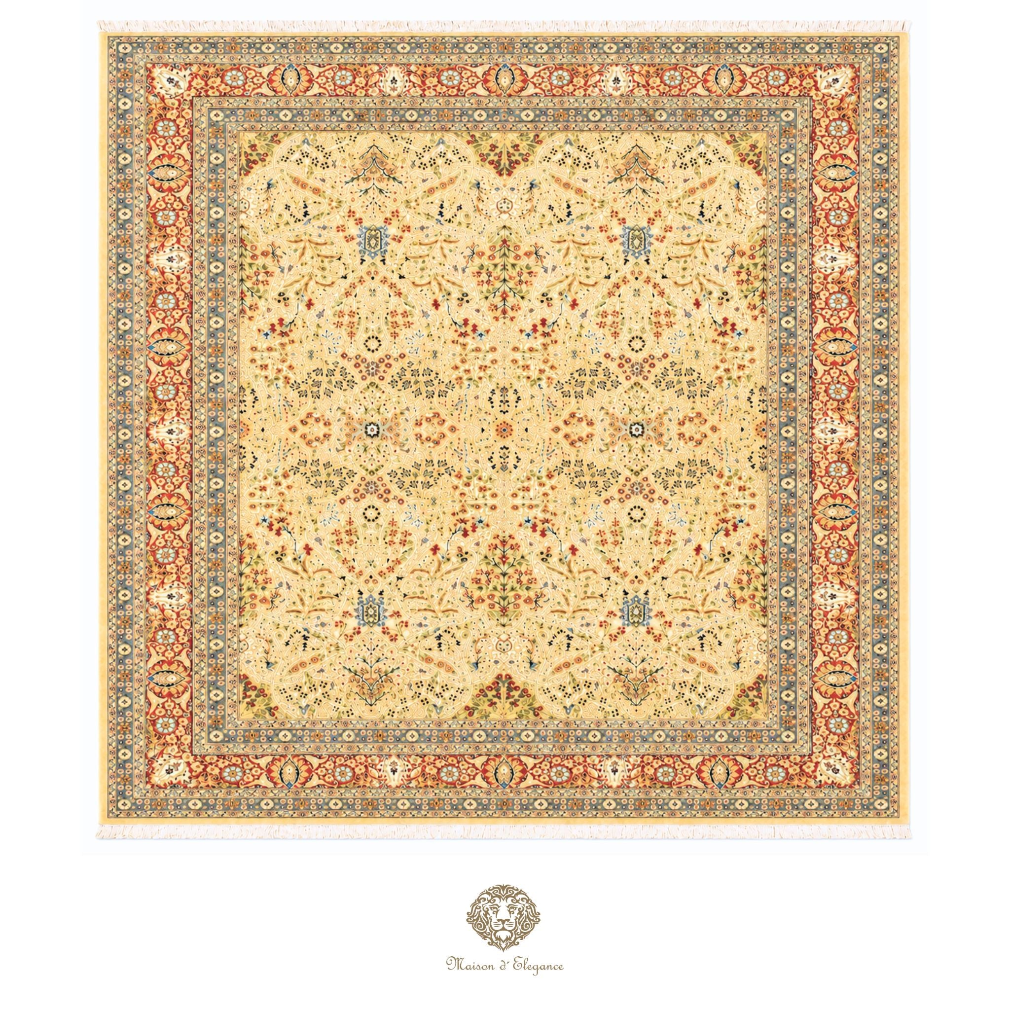 Decorative rug with intricate patterns on a beige background