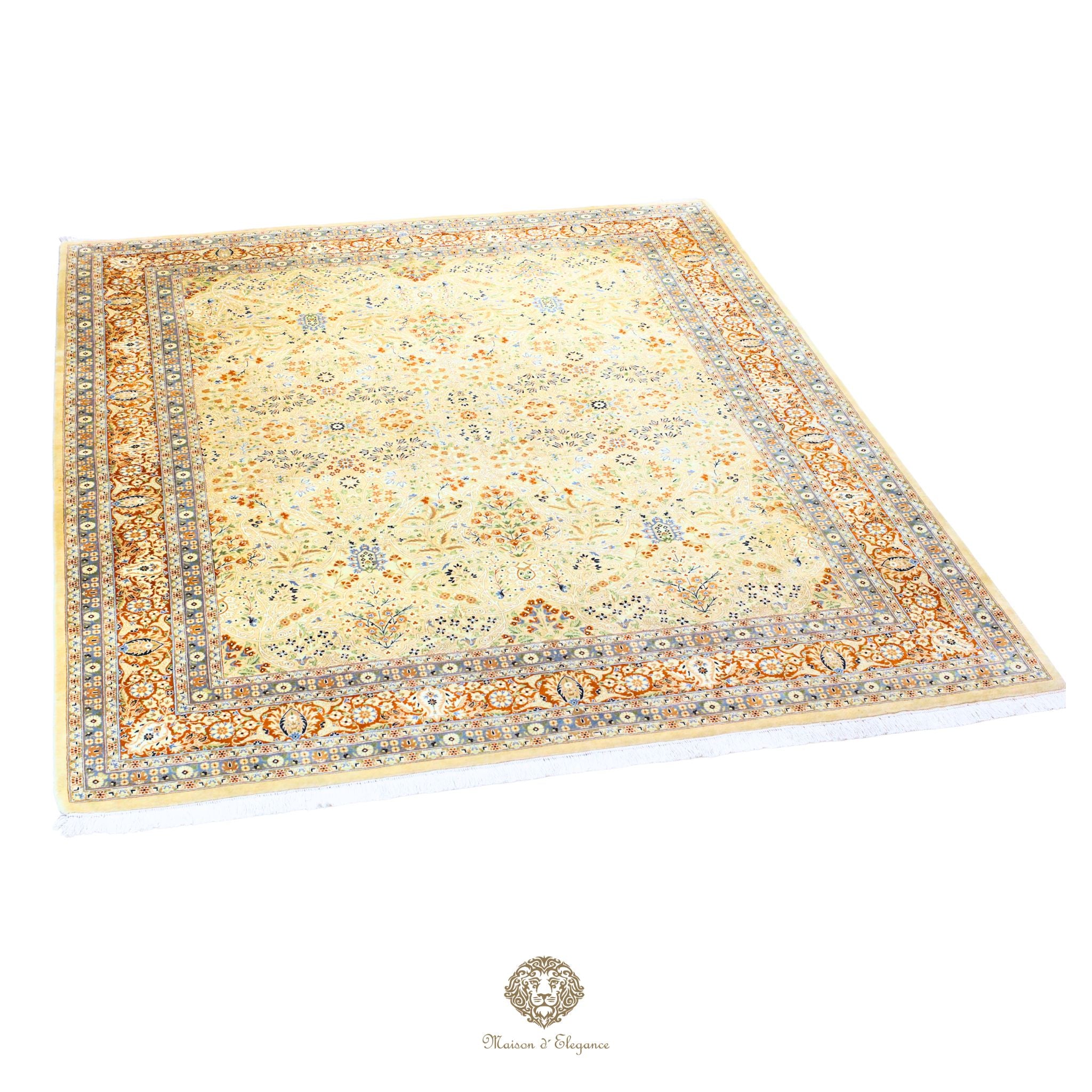 Decorative rug with intricate patterns on a gold background