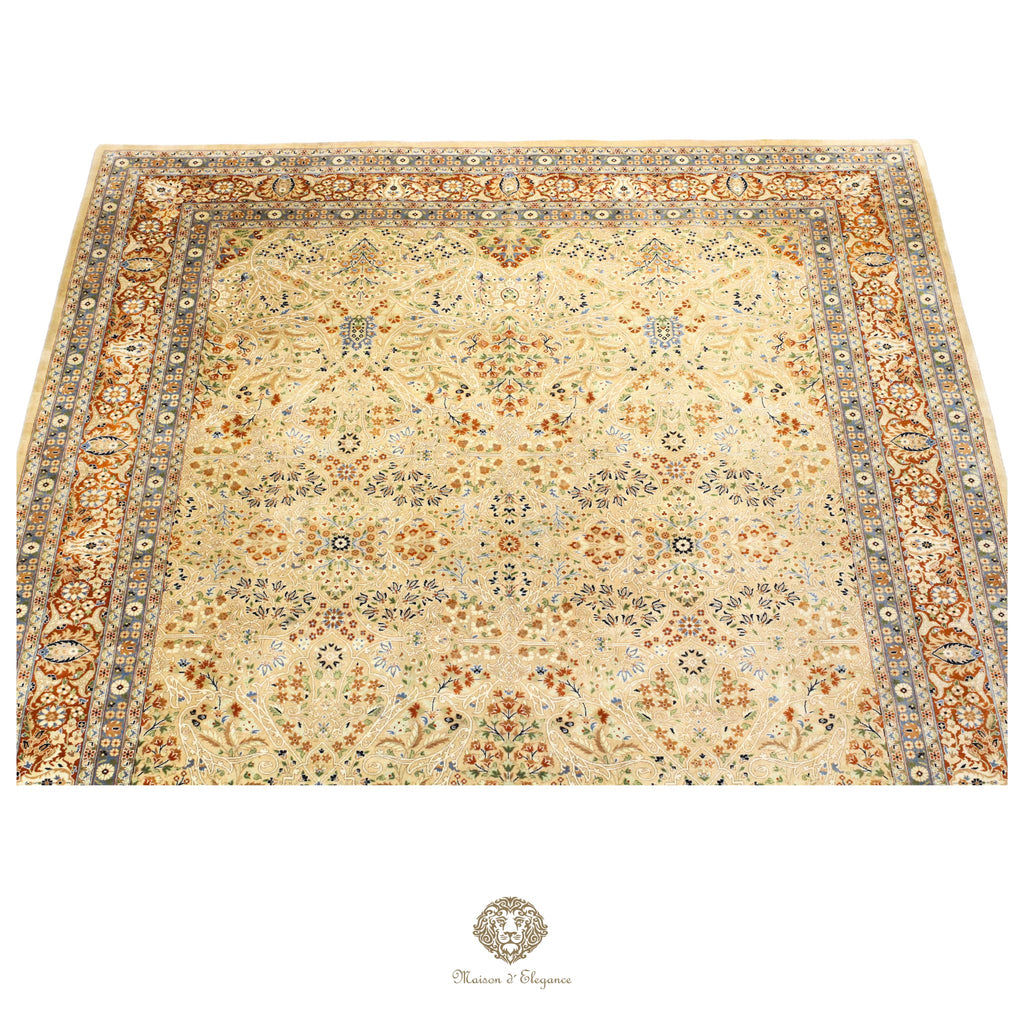Decorative rug with intricate patterns on a gold background