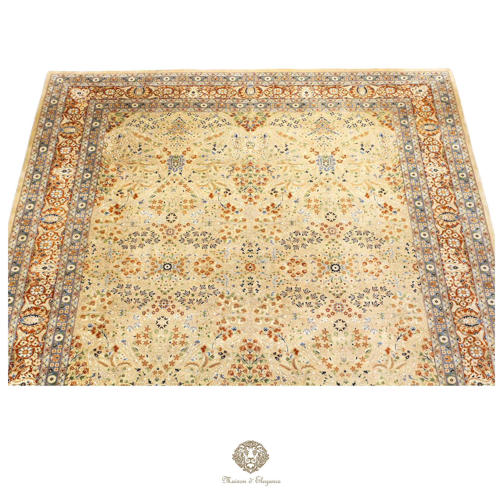 Decorative rug with intricate patterns on a gold background
