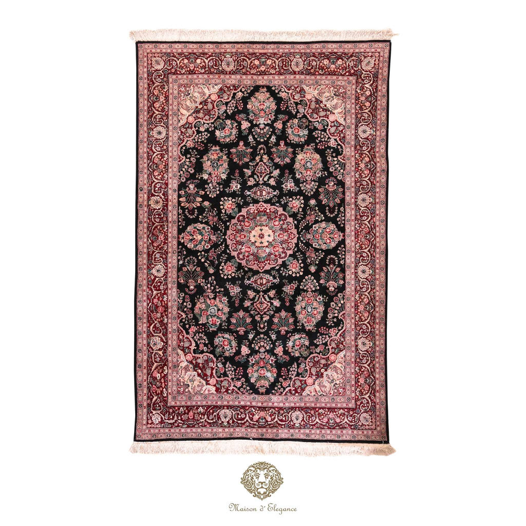 Decorative rug with intricate patterns on a brown background