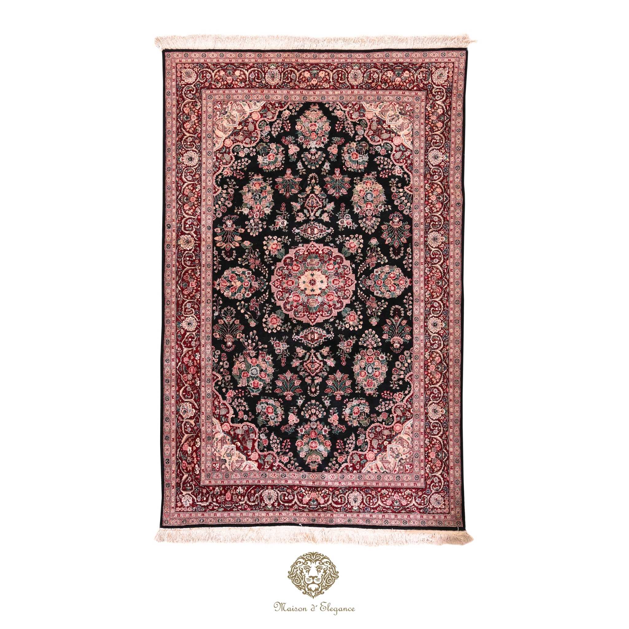 Decorative rug with intricate patterns on a brown background