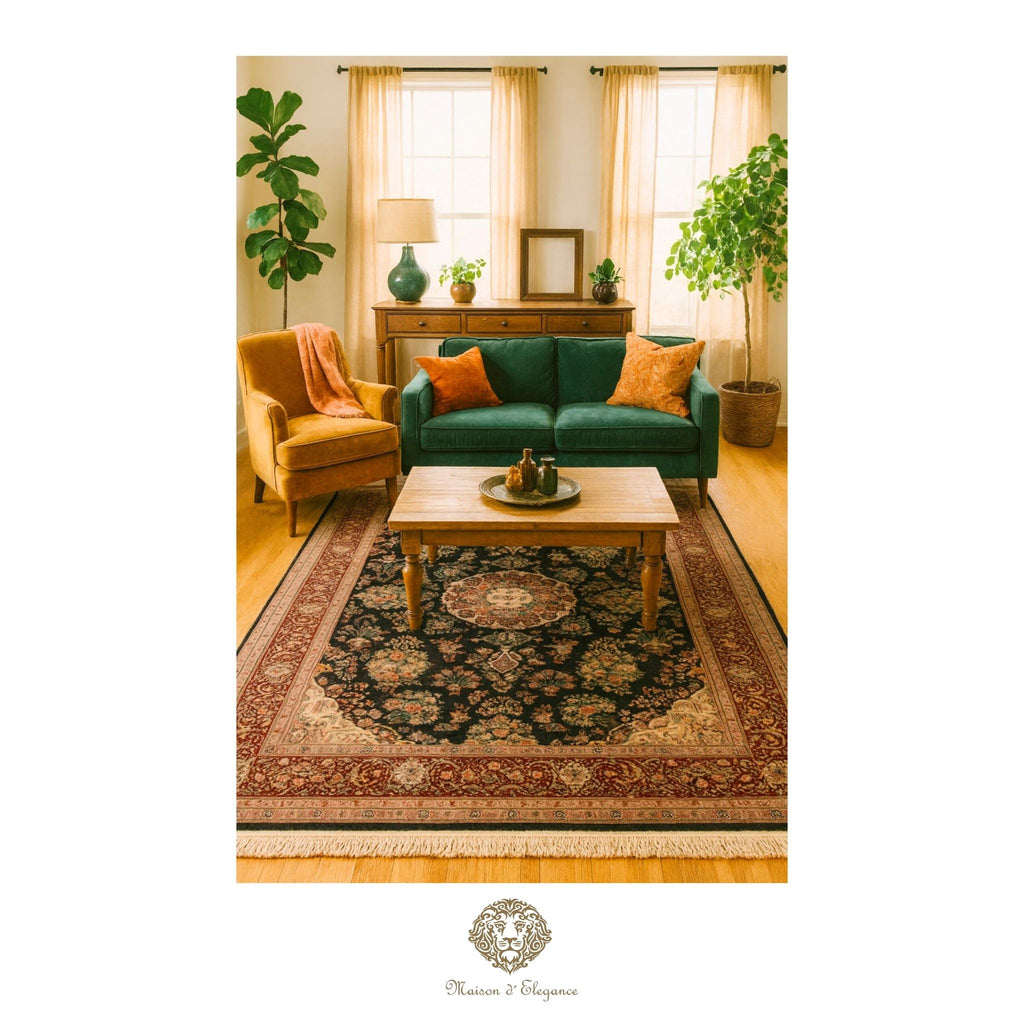 Living room with green sofa, wooden coffee table, and patterned rug.