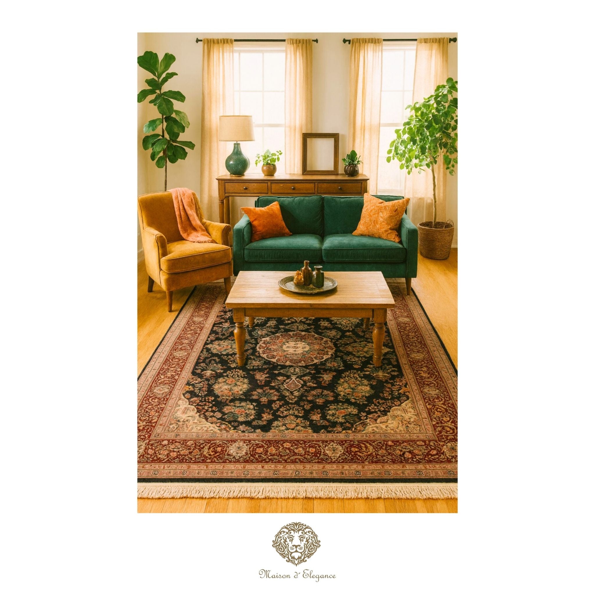 Living room with green sofa, wooden coffee table, and patterned rug.