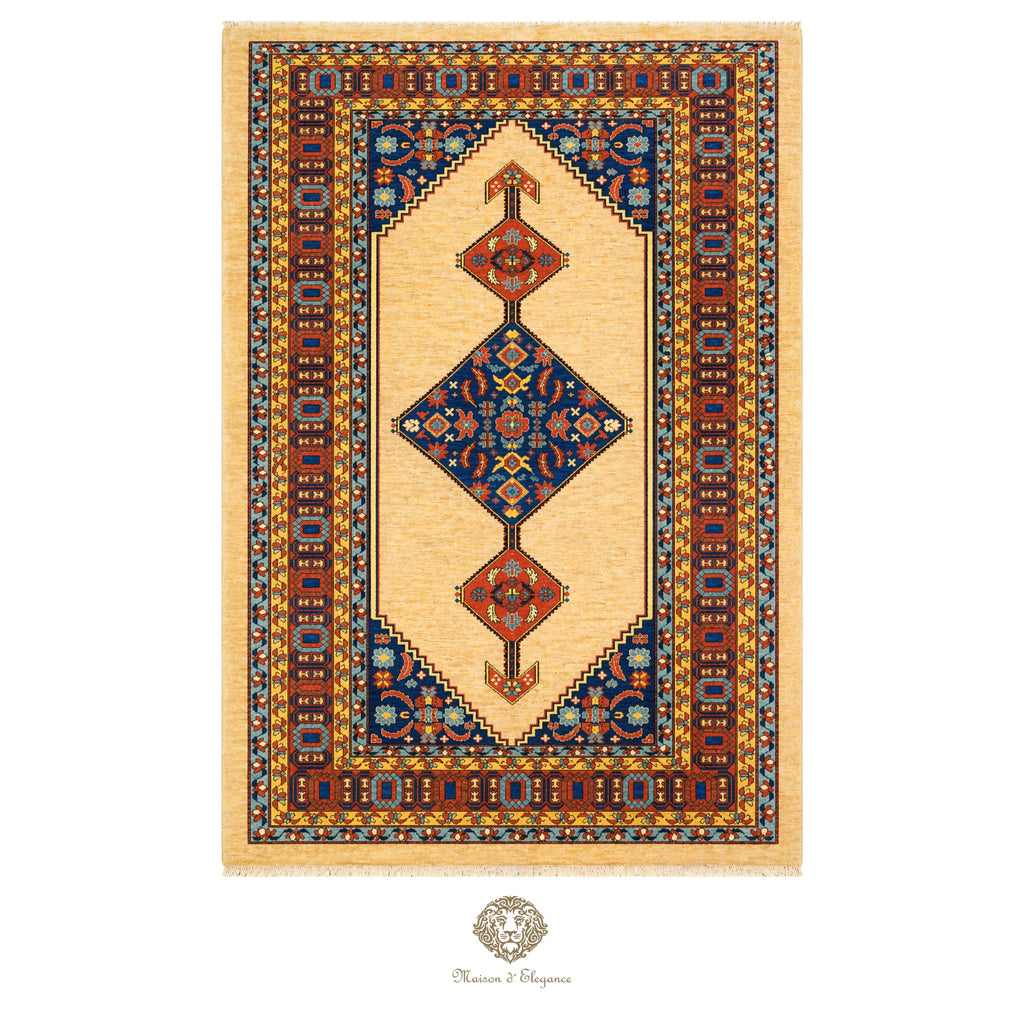 Decorative rug with geometric pattern on a beige background