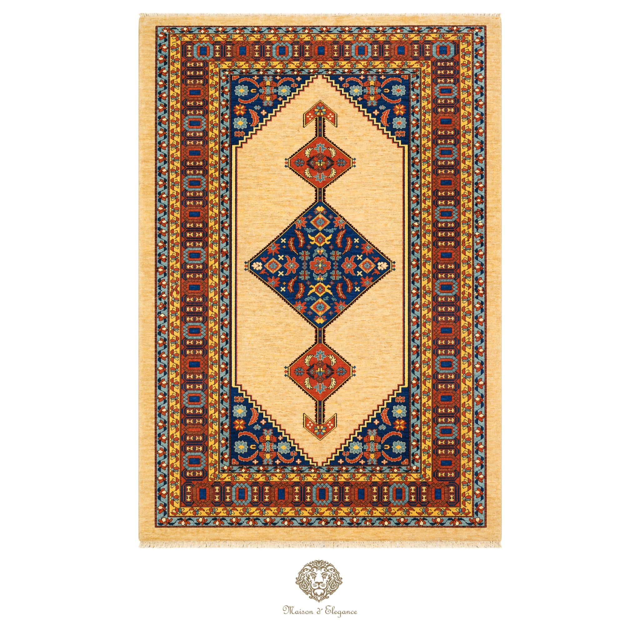 Decorative rug with geometric pattern on a beige background