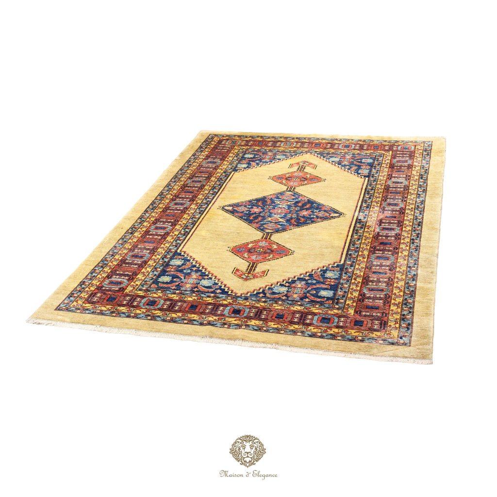 Decorative rug with intricate patterns on a beige background