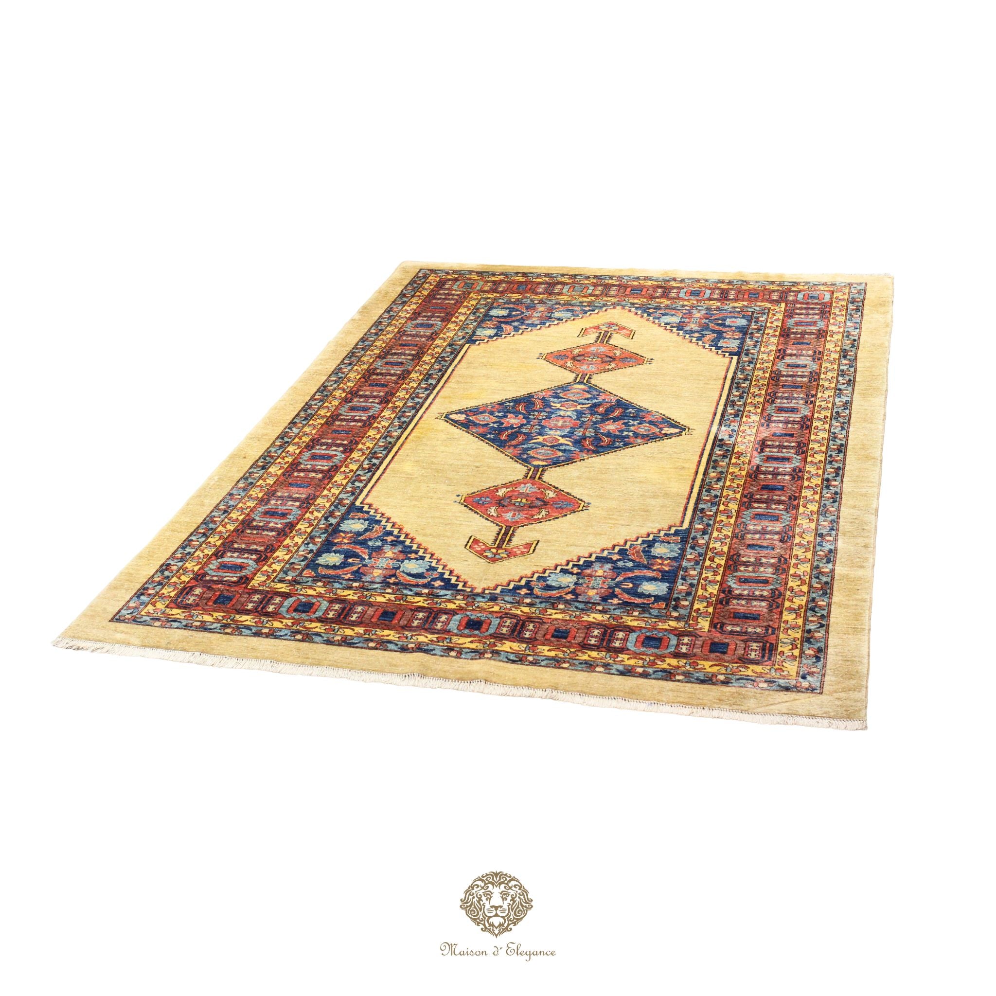 Decorative rug with intricate patterns on a beige background