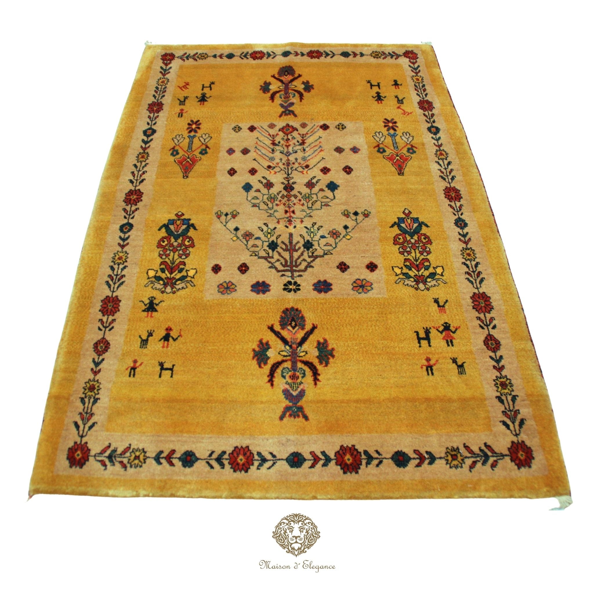 Decorative rug with intricate patterns on a  gold background