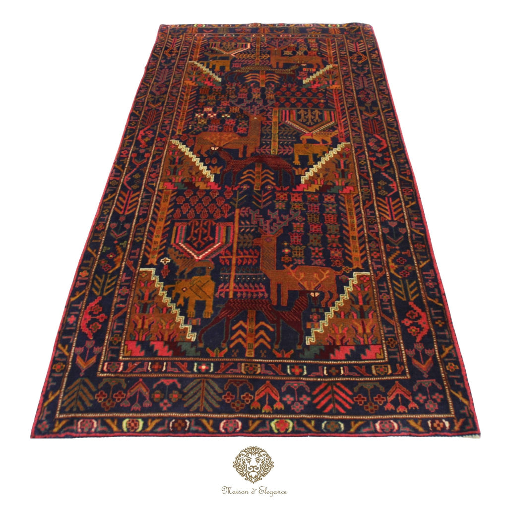 Decorative rug with intricate patterns on a navy background