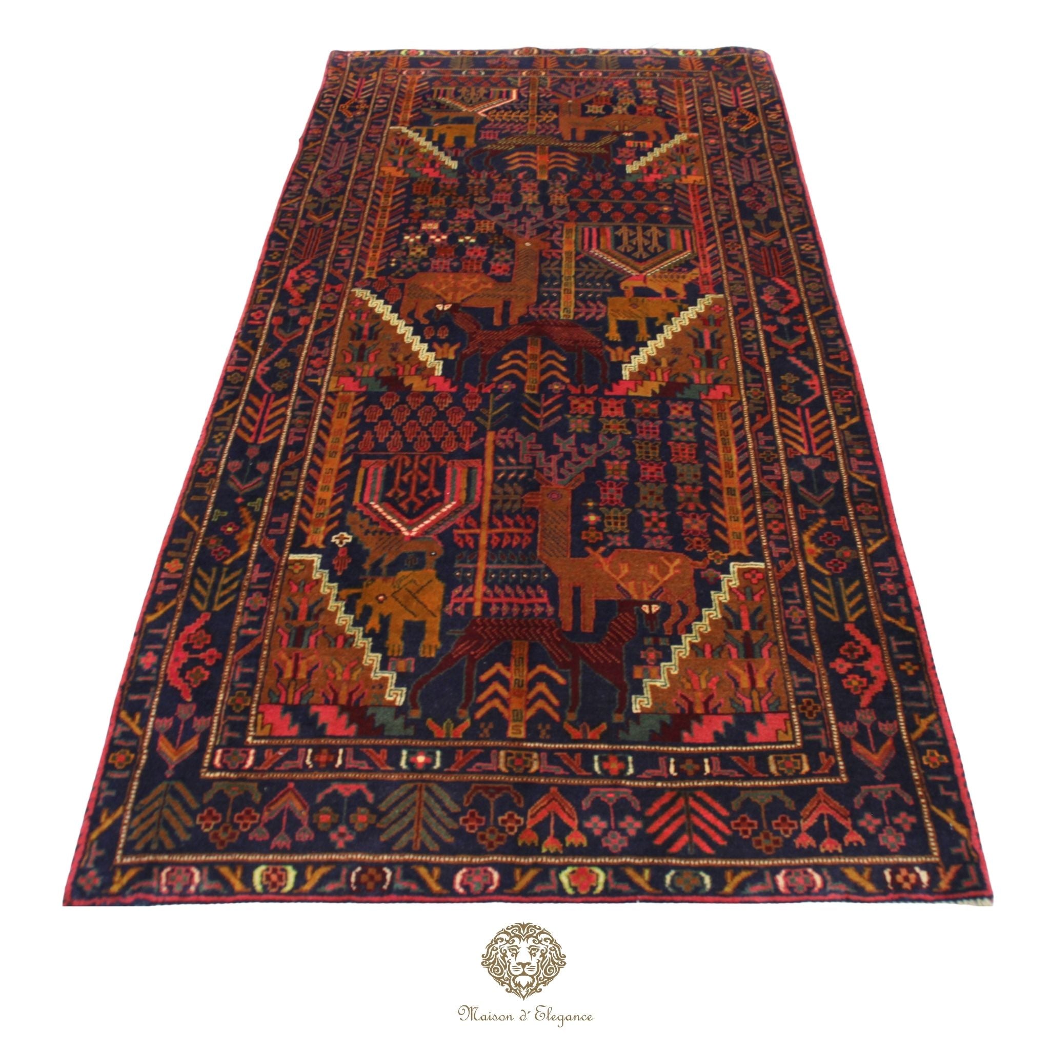 Decorative rug with intricate patterns on a navy background