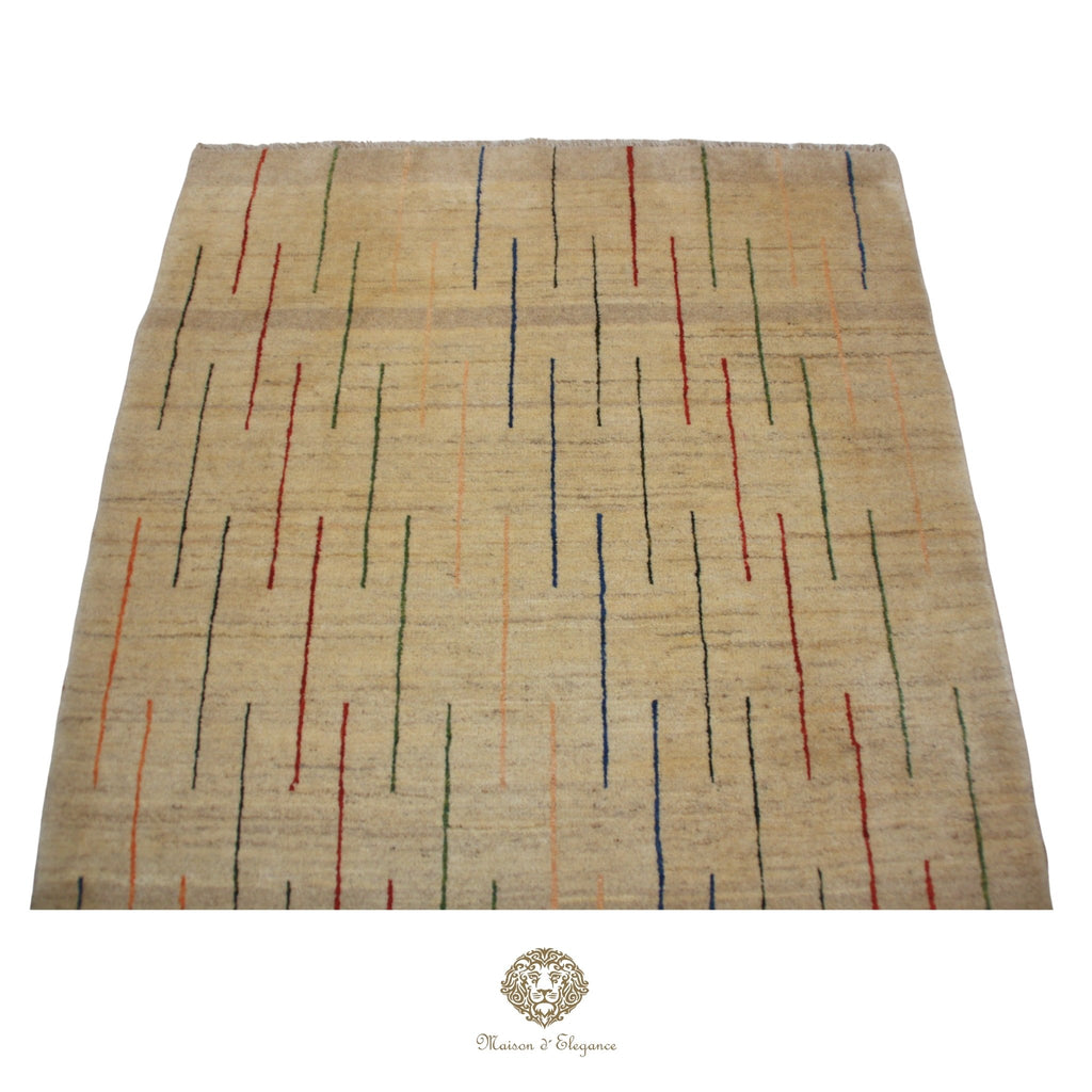 Beige rug with colorful vertical lines on a Ivory background