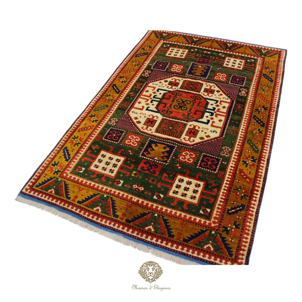 Decorative rug with intricate patterns on a Green background