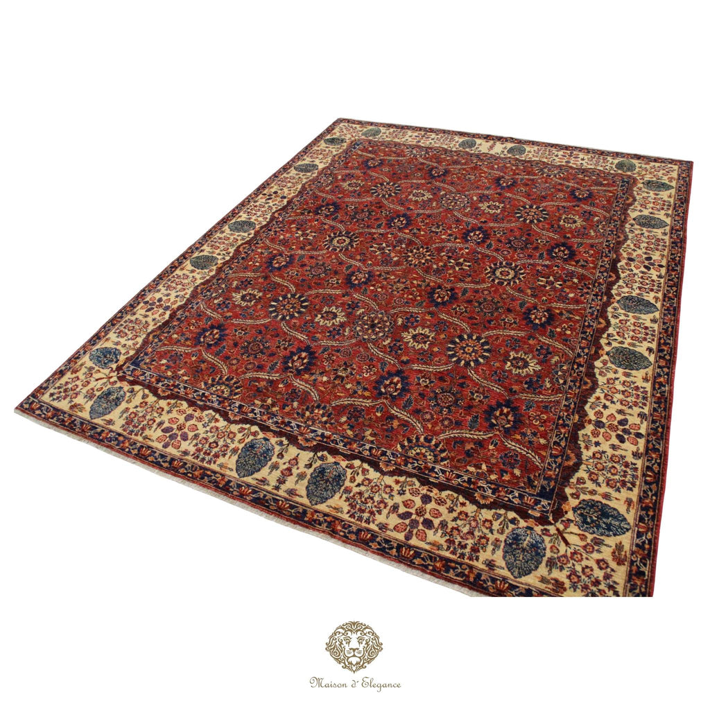 Decorative rug with intricate patterns on a red background