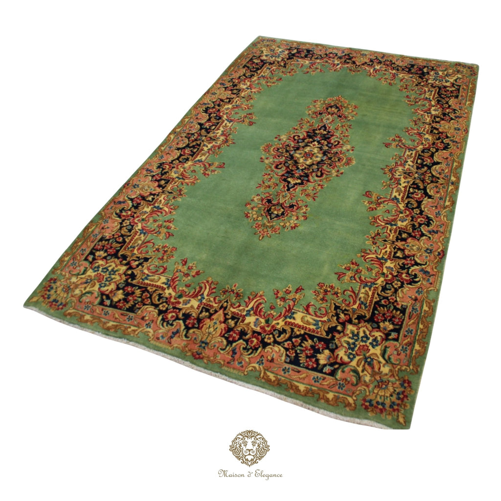 Luxury Handmade Persian Kerman Wool Rug – Green Floral Medallion Design