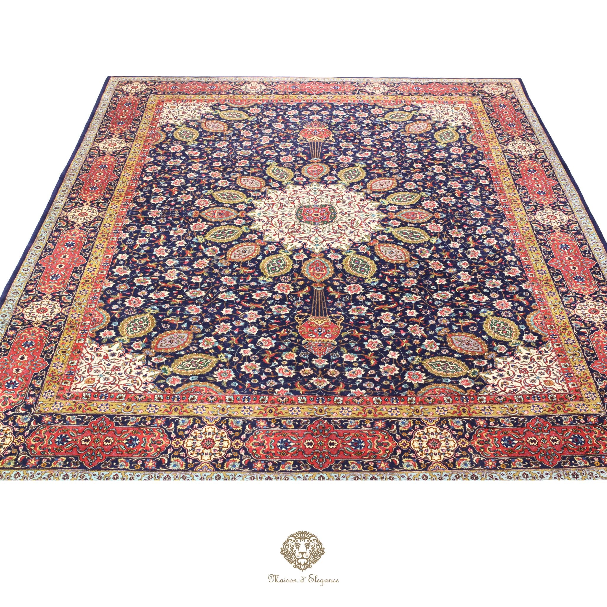 Alfombra persa de lujo Tabriz, anudada a mano, de seda y lana finas | Diseño de medallón floral azul marino, 296 x 427 cm