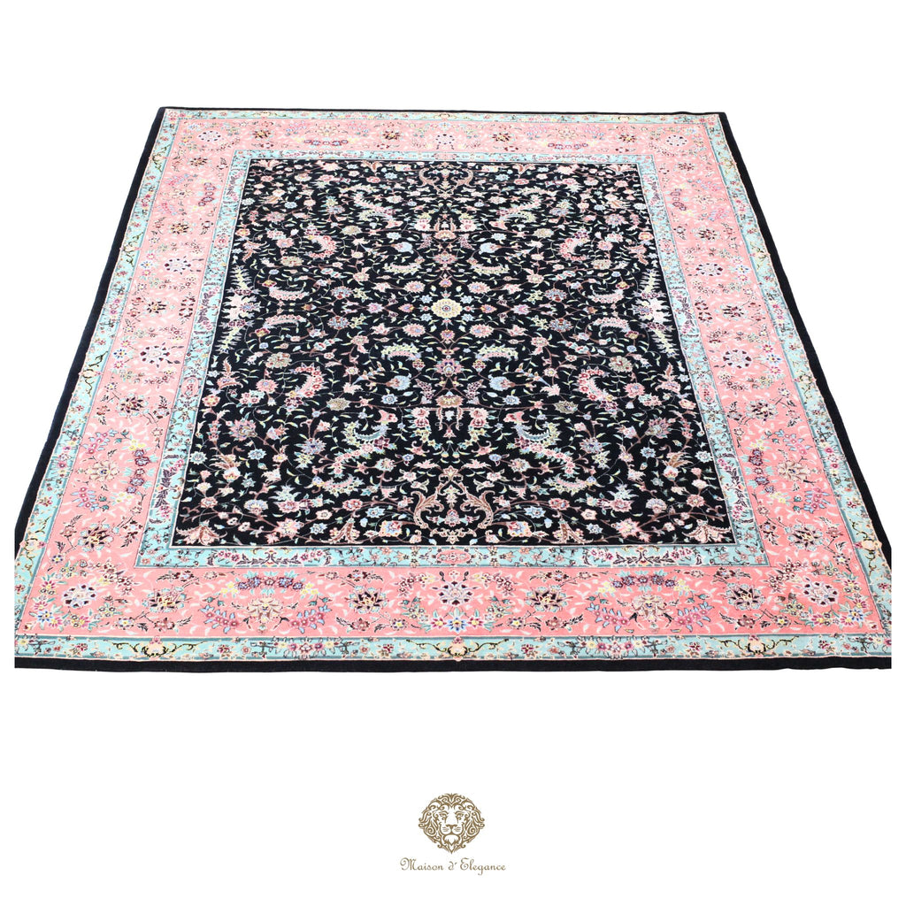 Alfombra de lana estilo Tabriz, superfina color negro marfil con diseño floral | Elegancia 243x330 cm