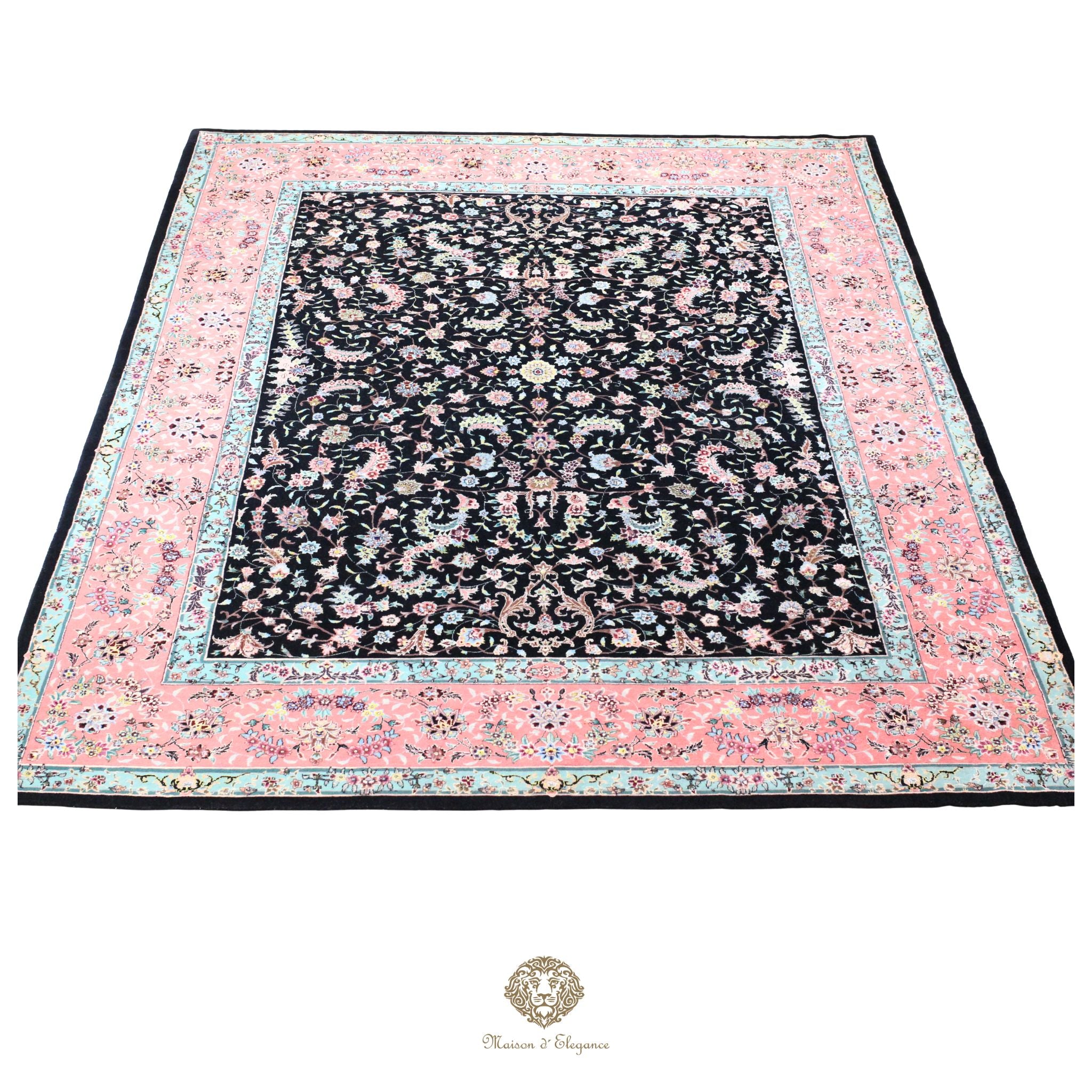Alfombra de lana estilo Tabriz, superfina color negro marfil con diseño floral | Elegancia 243x330 cm