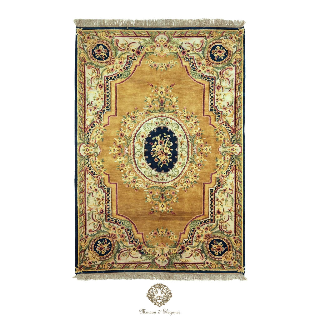 Decorative rug with intricate patterns on a brown background