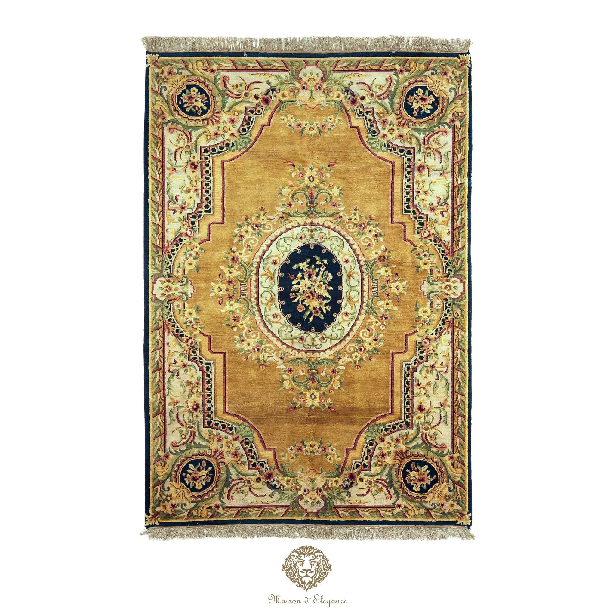 Decorative rug with intricate patterns on a brown background