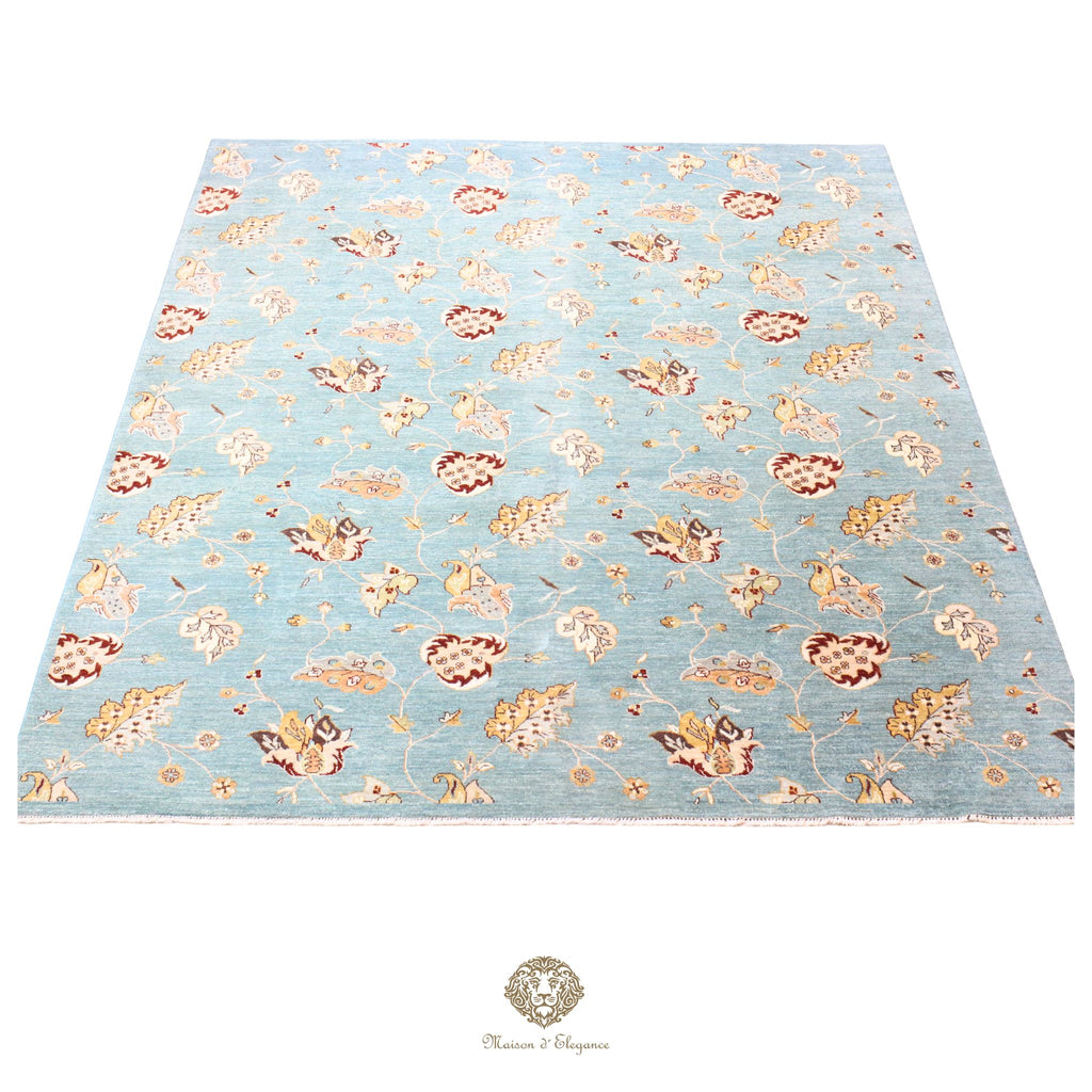 Alfombra de lana estilo Tabriz, superfina color azul marfil con diseño floral | Elegancia 240x308 cm
