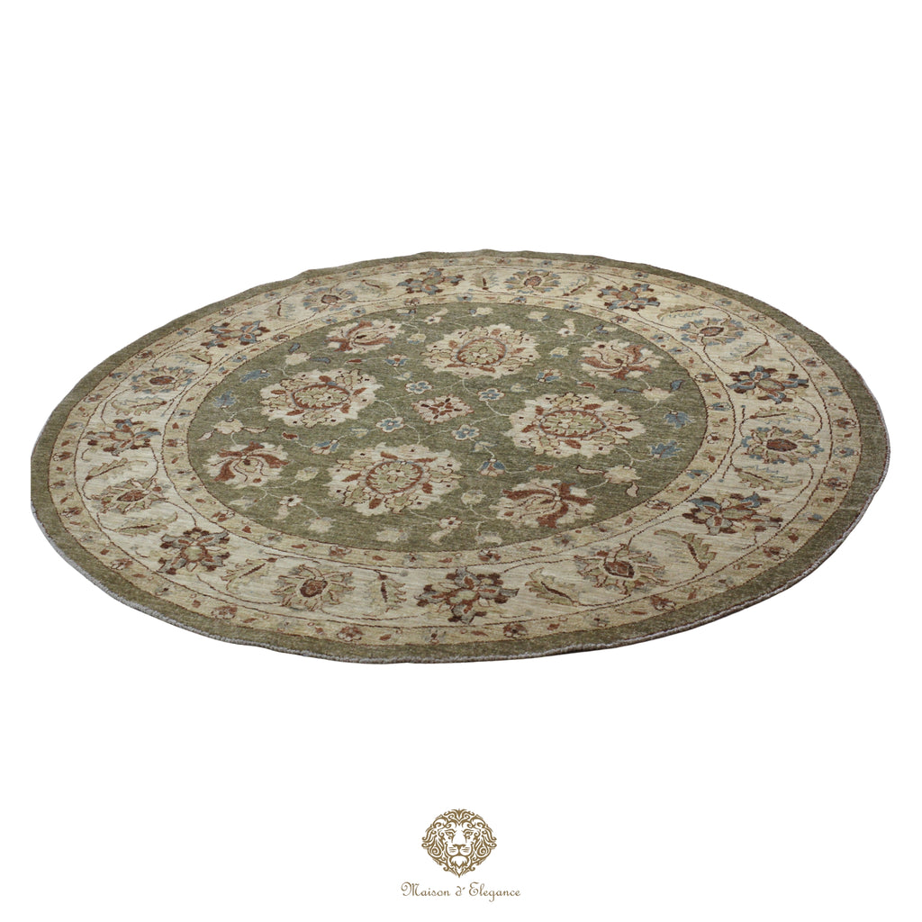 Alfombra Persa Redonda Kashan Anudada a Mano | Lana Verde con Diseño Floral 200x200 cm diametro