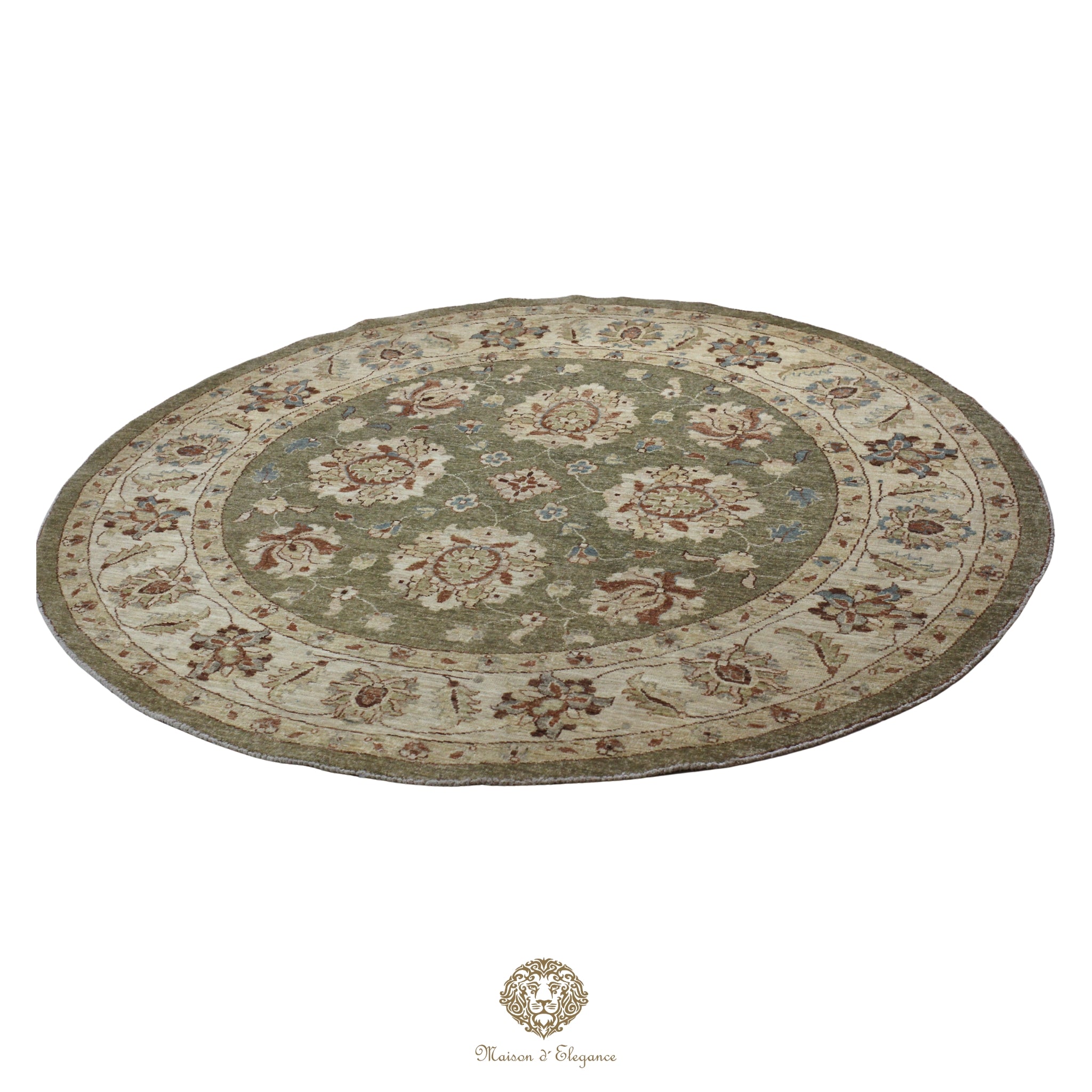 Alfombra Persa Redonda Kashan Anudada a Mano | Lana Verde con Diseño Floral 200x200 cm diametro