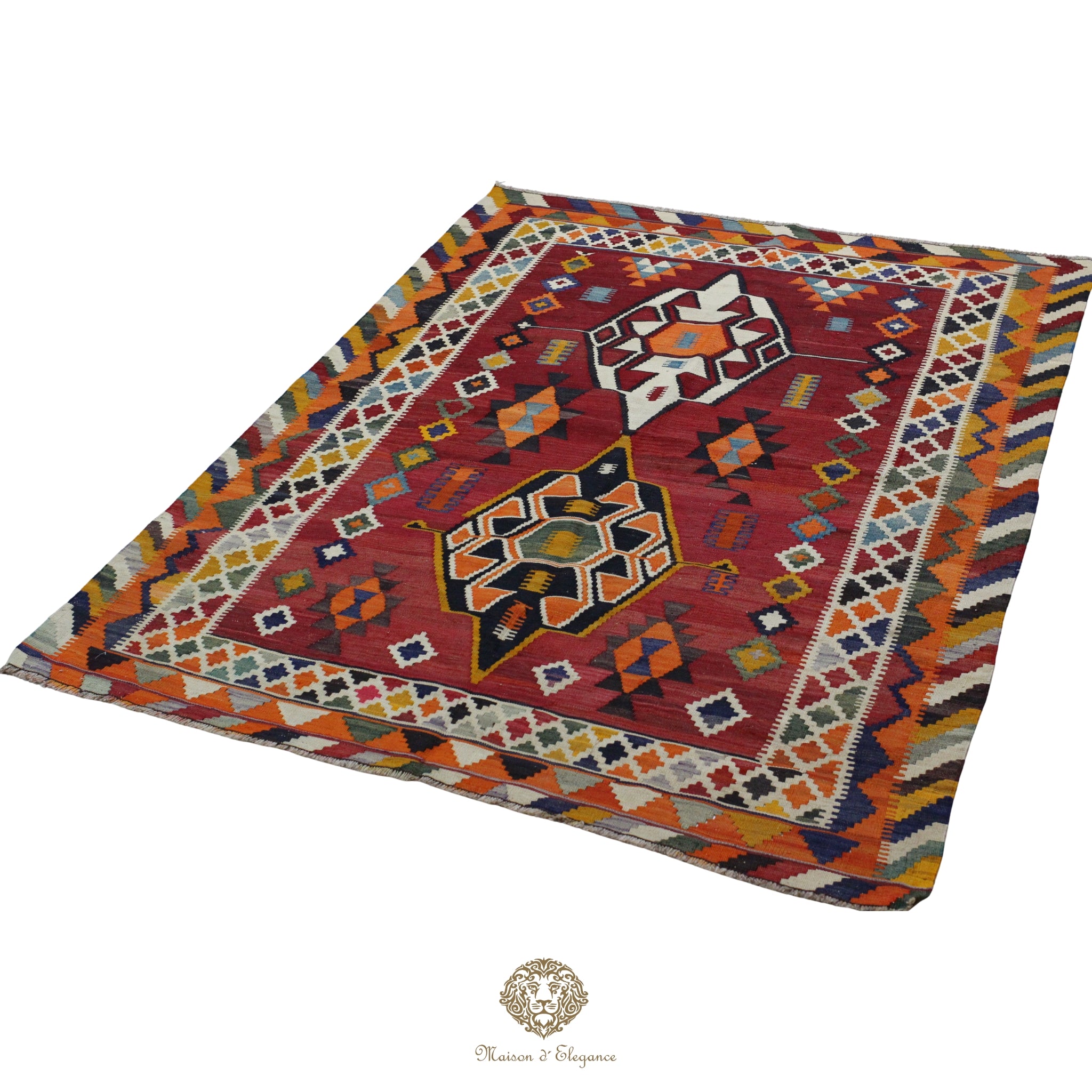 Alfombra Kilim Persa Qashqai Antigua Lana Natural Diseño Geométrico 159x225 cm