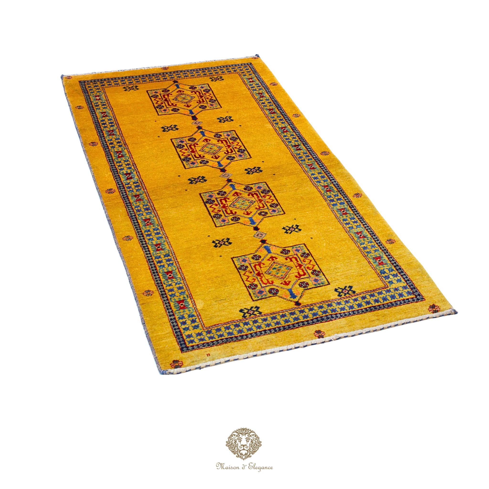 Alfombra persa Kashkuli amarilla tribal | Gabbeh de lana hecha a mano 87 x 160 cm
