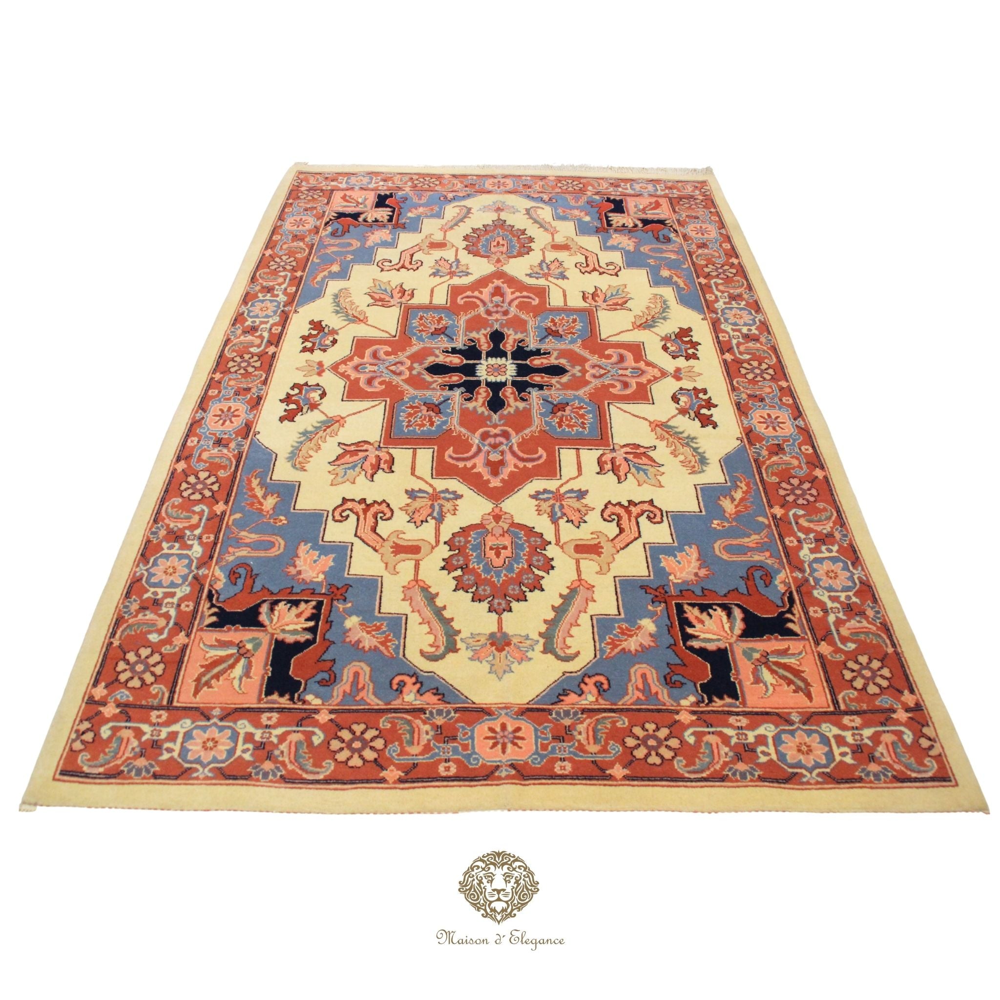 Decorative rug with intricate patterns on a Ivory background