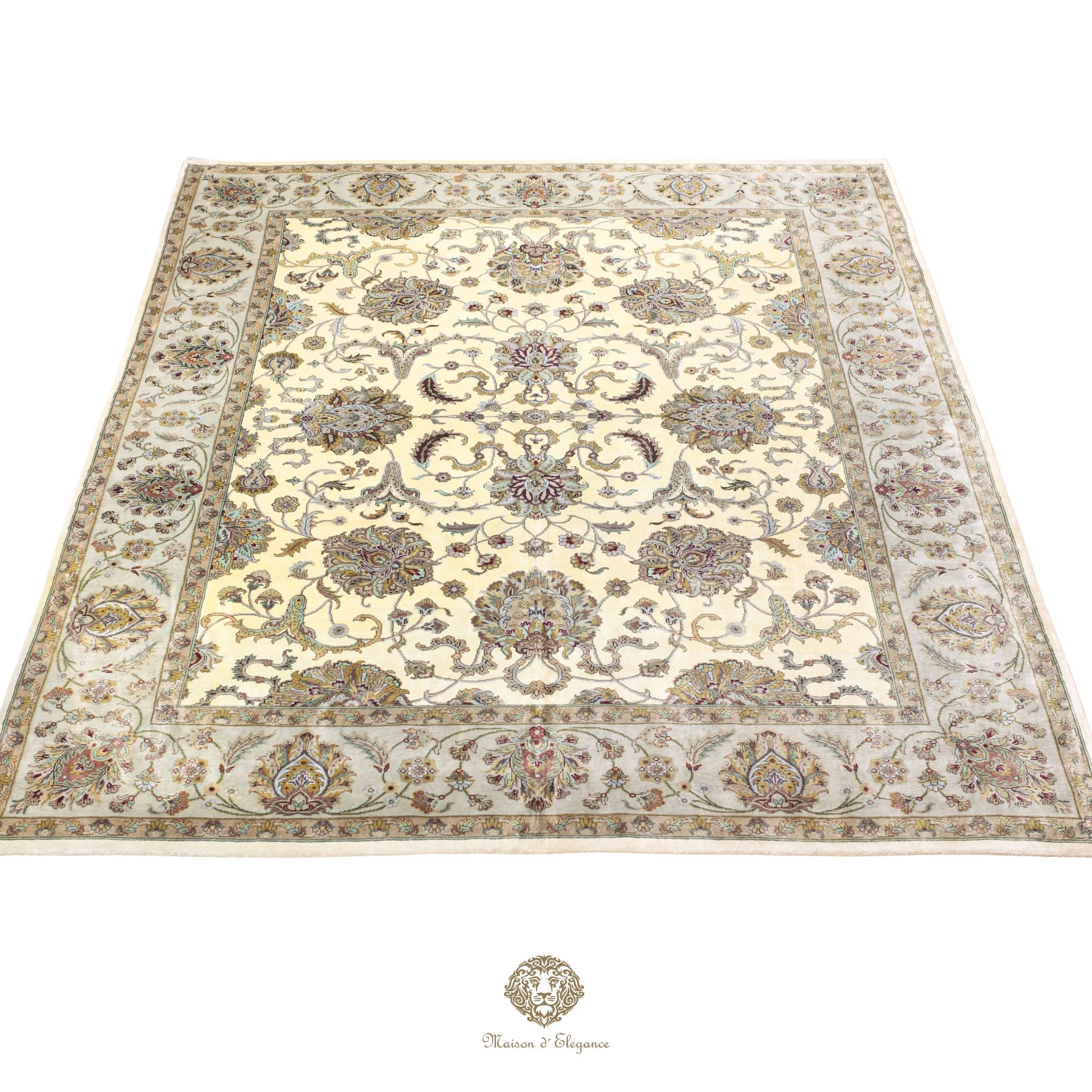 Alfombra de lana y Seda tradicional hecha a mano con diseño floral | Tonos neutros, 244 x 314 cm