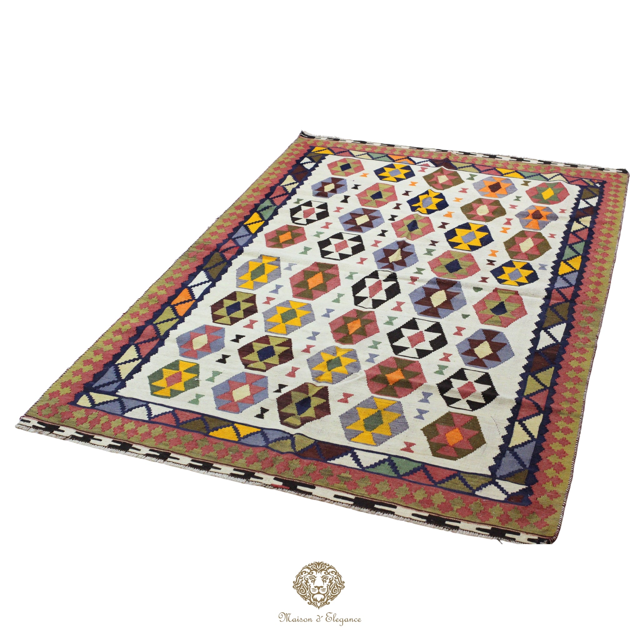 Alfombra Kilim Persa Qashqai Antigua Lana Natural Diseño Geométrico 163x258 cm