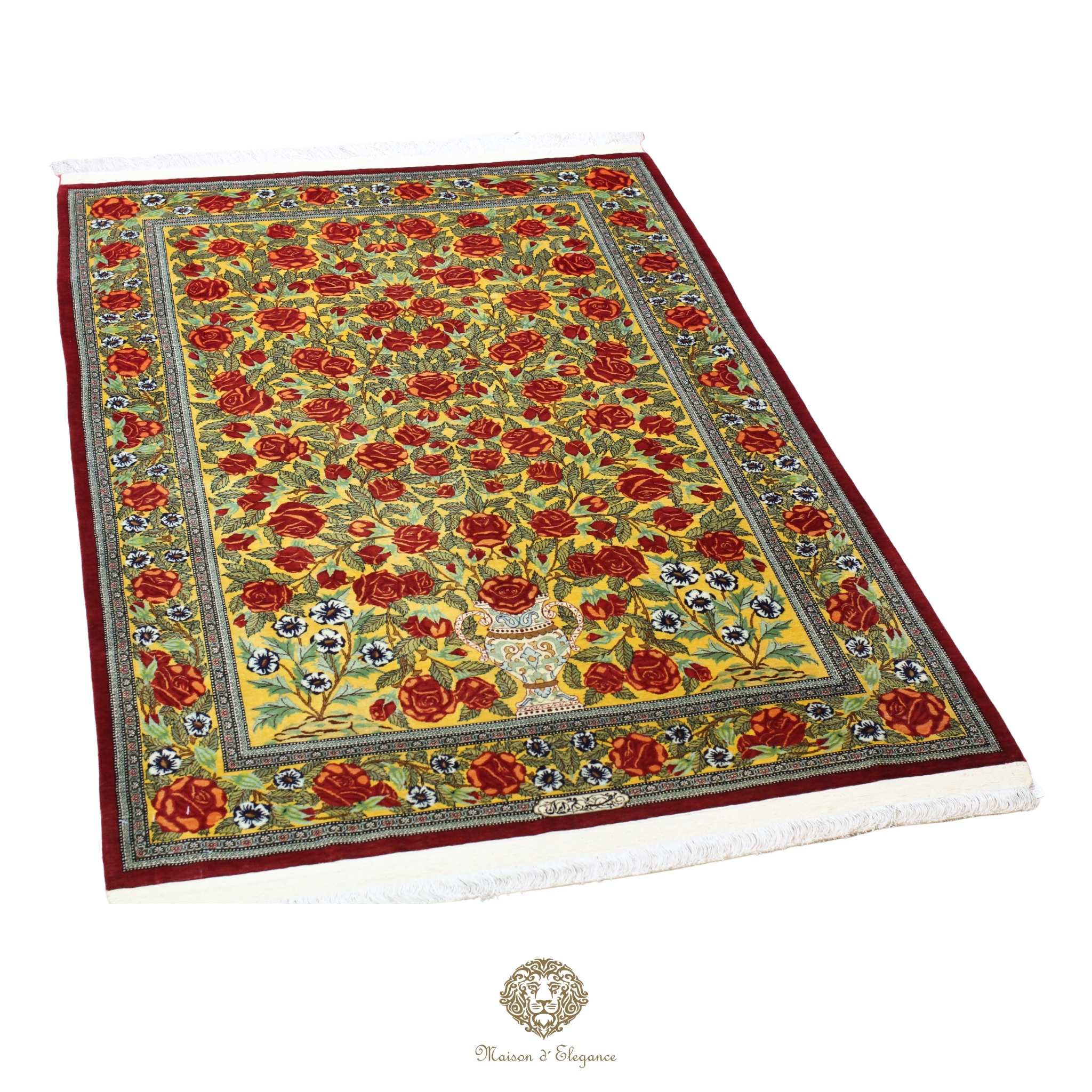 Alfombra persa exclusiva de seda pura - Obra maestra anudada a mano con tintes naturales, firmada, 104 x 162 cm, Diseño de mil flores