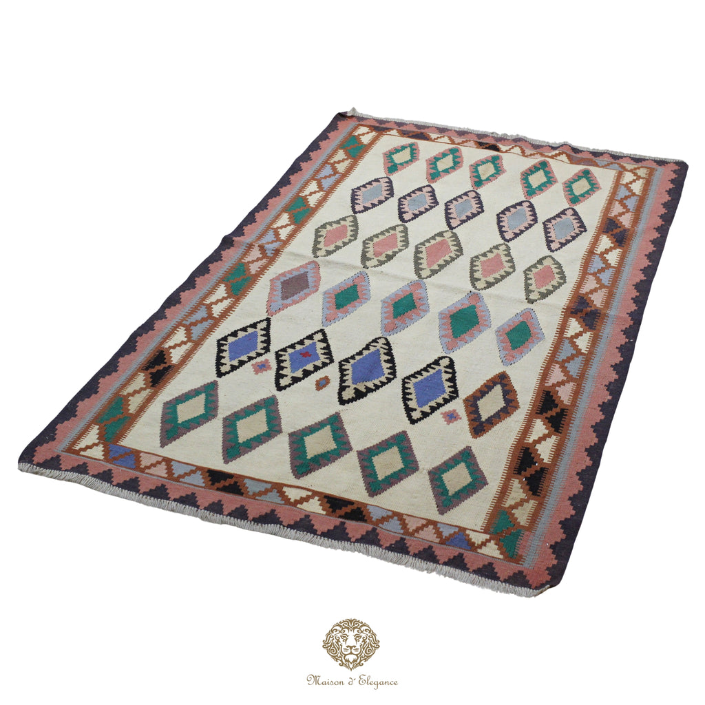 Alfombra Kilim Persa Qashqai Antigua Lana | Diseño Geométrico 126x201 cm