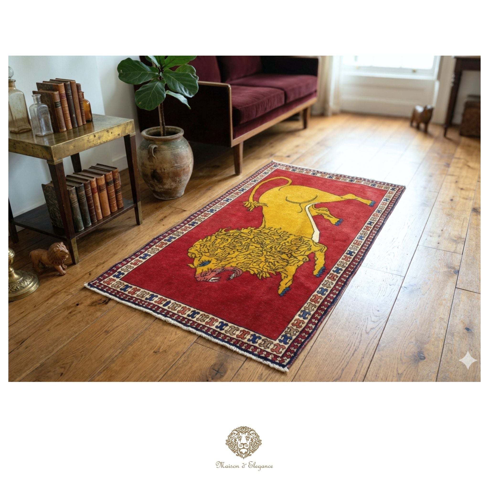 Alfombra persa Yalameh con diseño tribal de león, teñida con tintes naturales | Hecha a mano, 89 x 136 cm