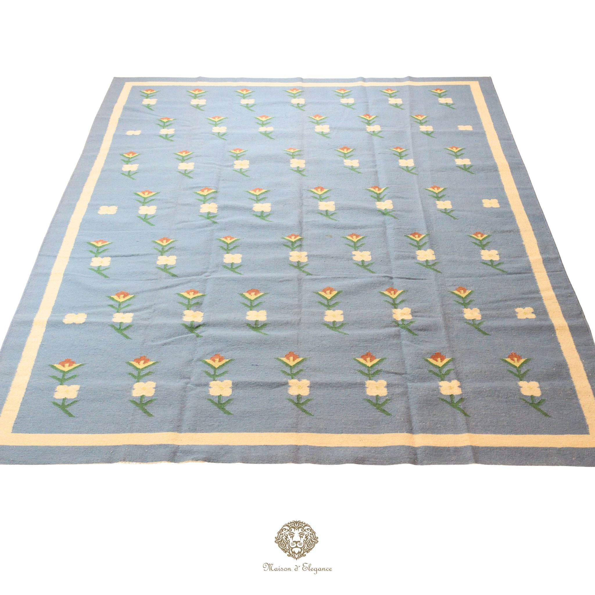 Alfombra Kilim fina, tejido plano, lana color natural | Diseño floral europeo, 252x365 cm