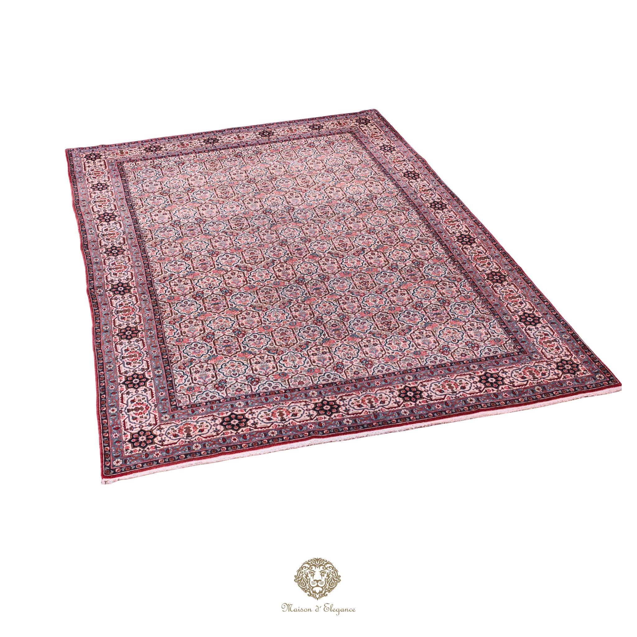 Decorative rug with intricate patterns on a white background