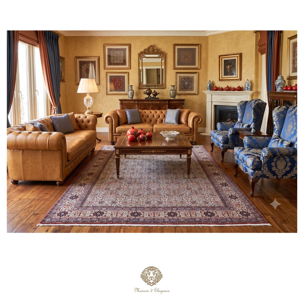 Luxurious living room with brown leather sofa, blue armchairs, and decorative items.
