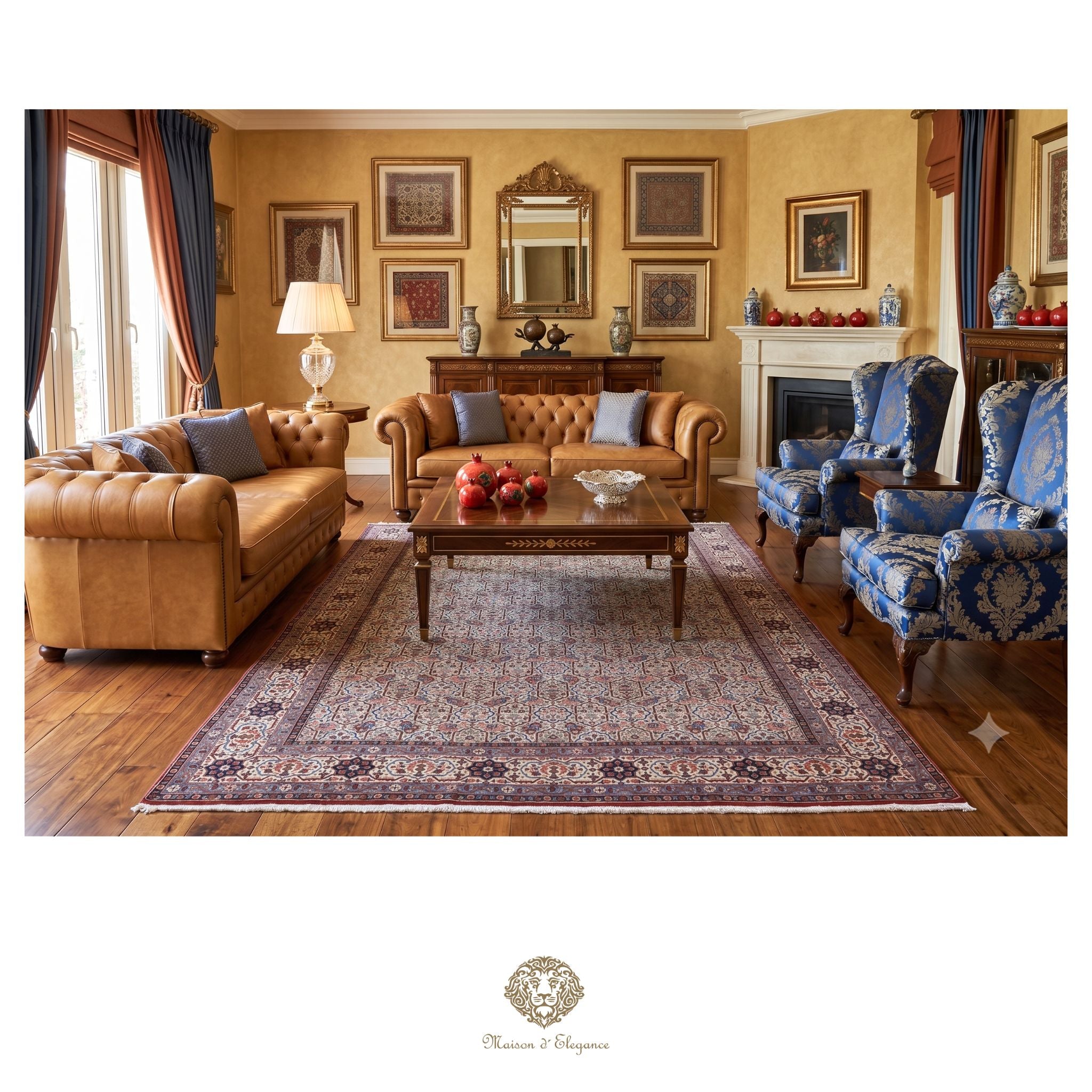 Luxurious living room with brown leather sofa, blue armchairs, and decorative items.