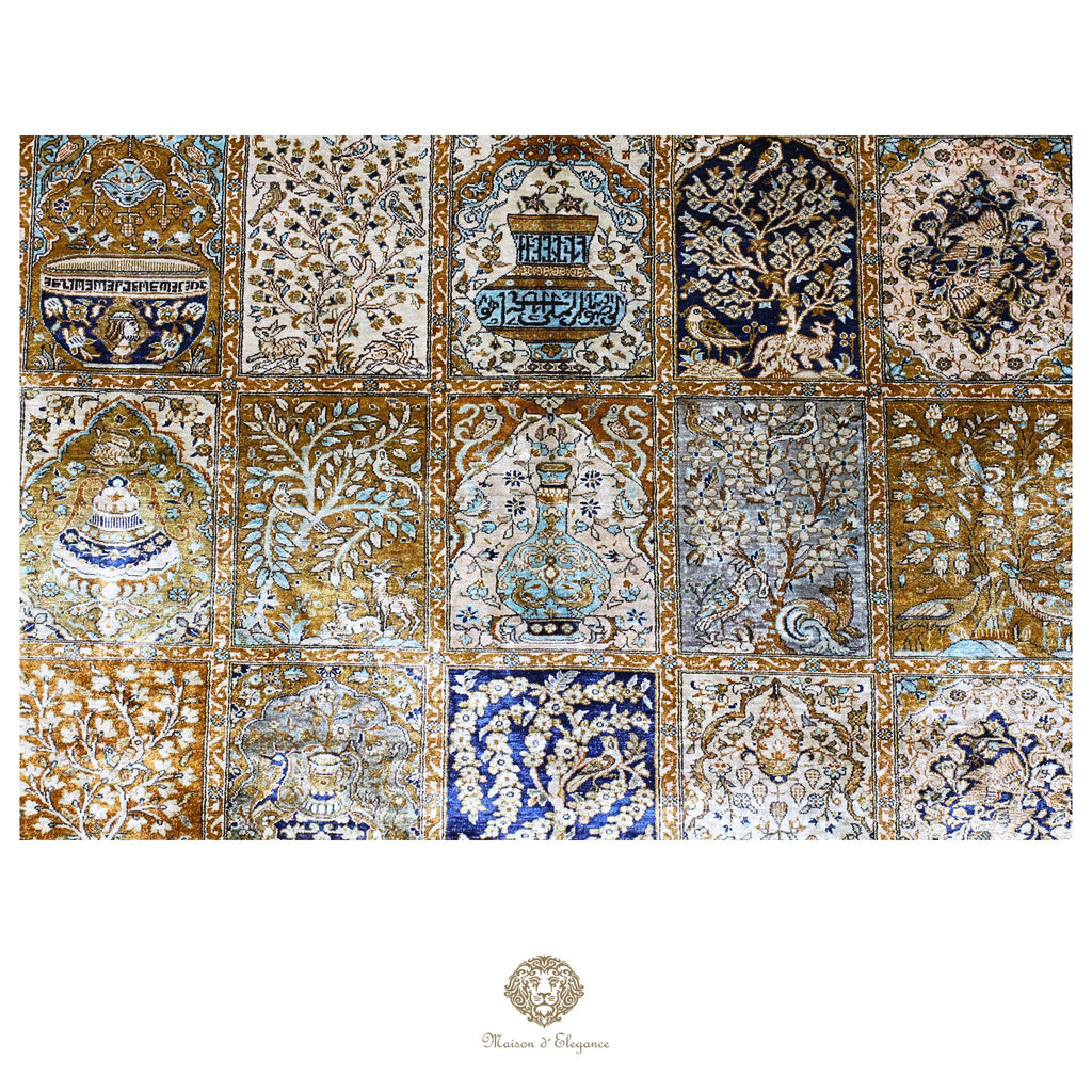 Alfombra persa de seda pura, anudada a mano, teñida con tintes naturales, | obra maestra con diseño floral integral, firmada, 180x300 cm