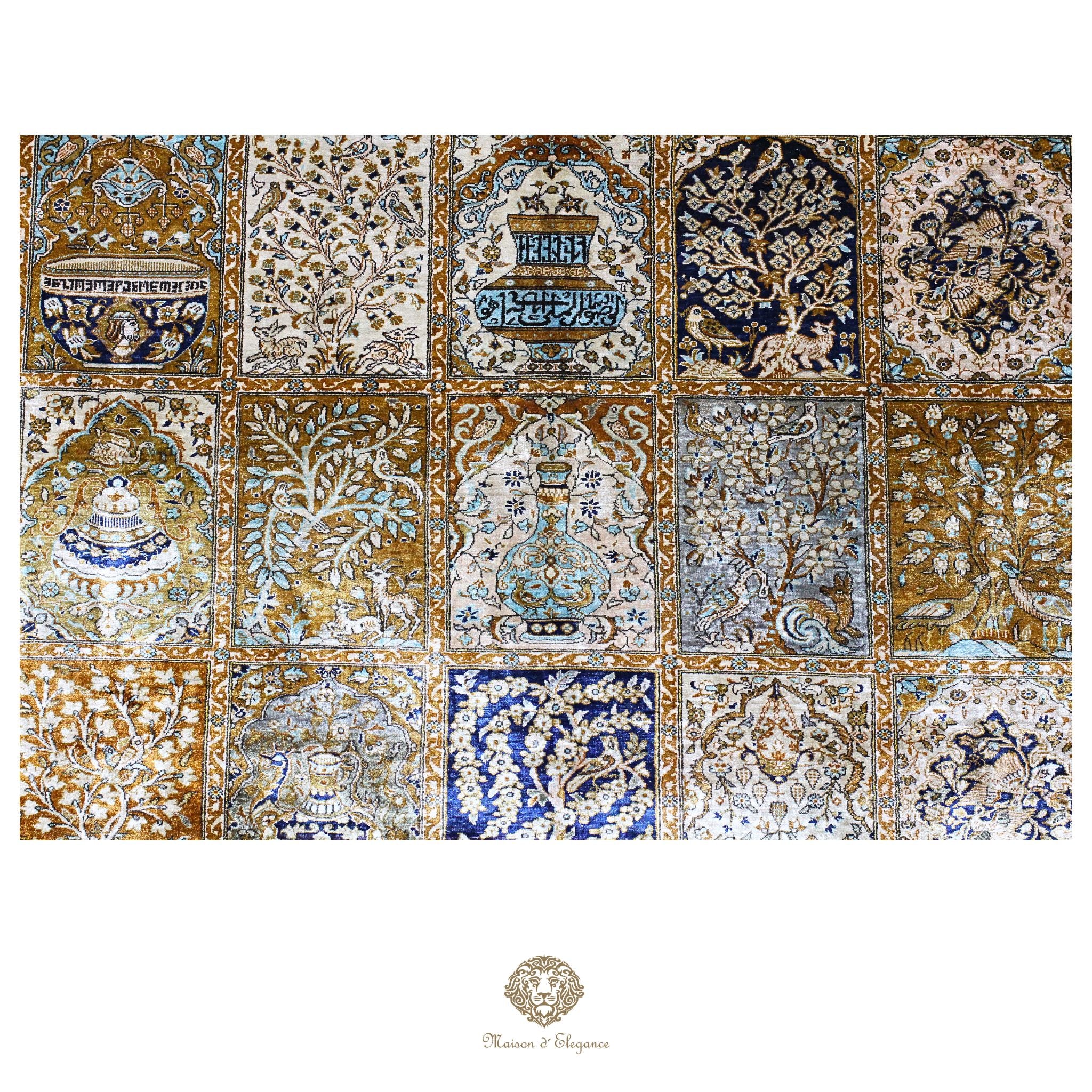 Alfombra persa de seda pura, anudada a mano, teñida con tintes naturales, | obra maestra con diseño floral integral, firmada, 180x300 cm