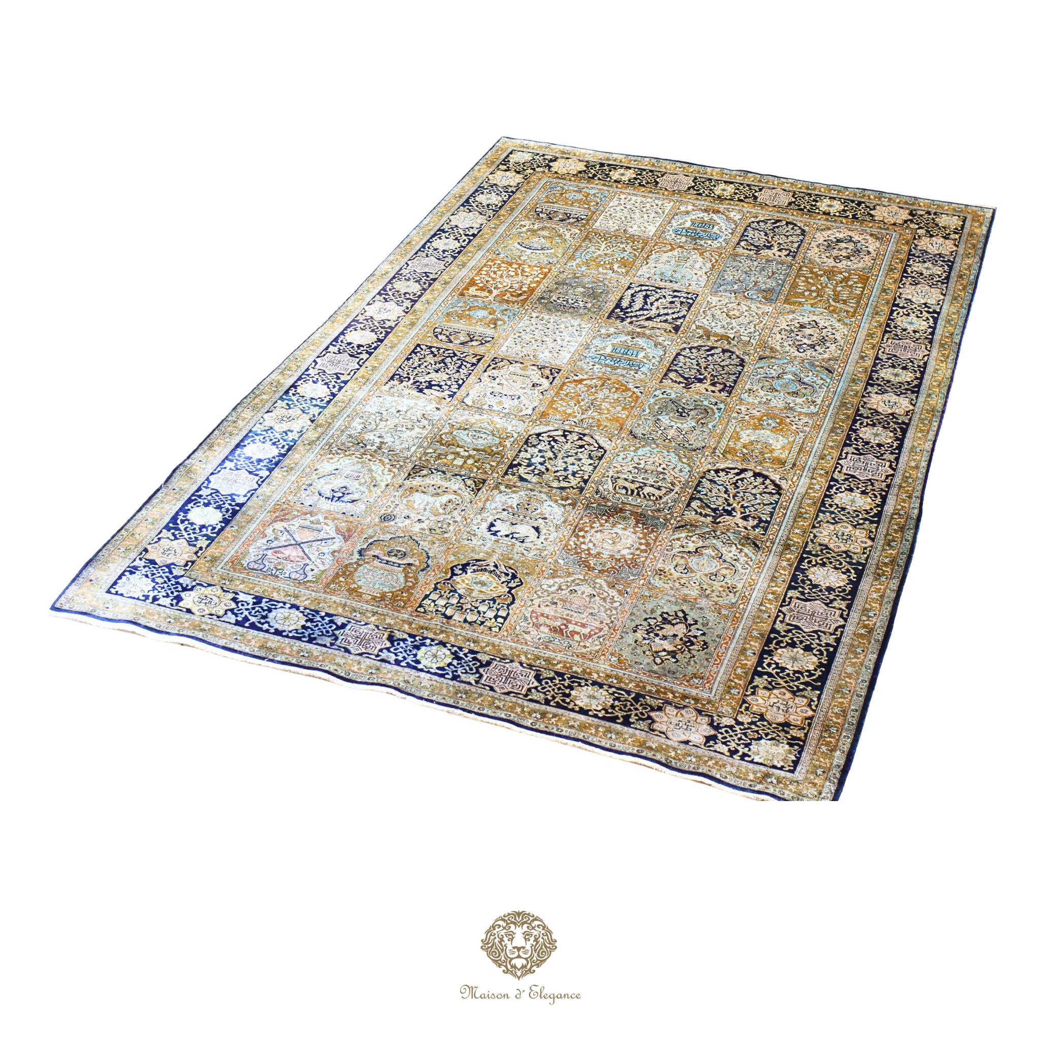 Alfombra persa de seda pura, anudada a mano, teñida con tintes naturales, | obra maestra con diseño floral integral, firmada, 180x300 cm