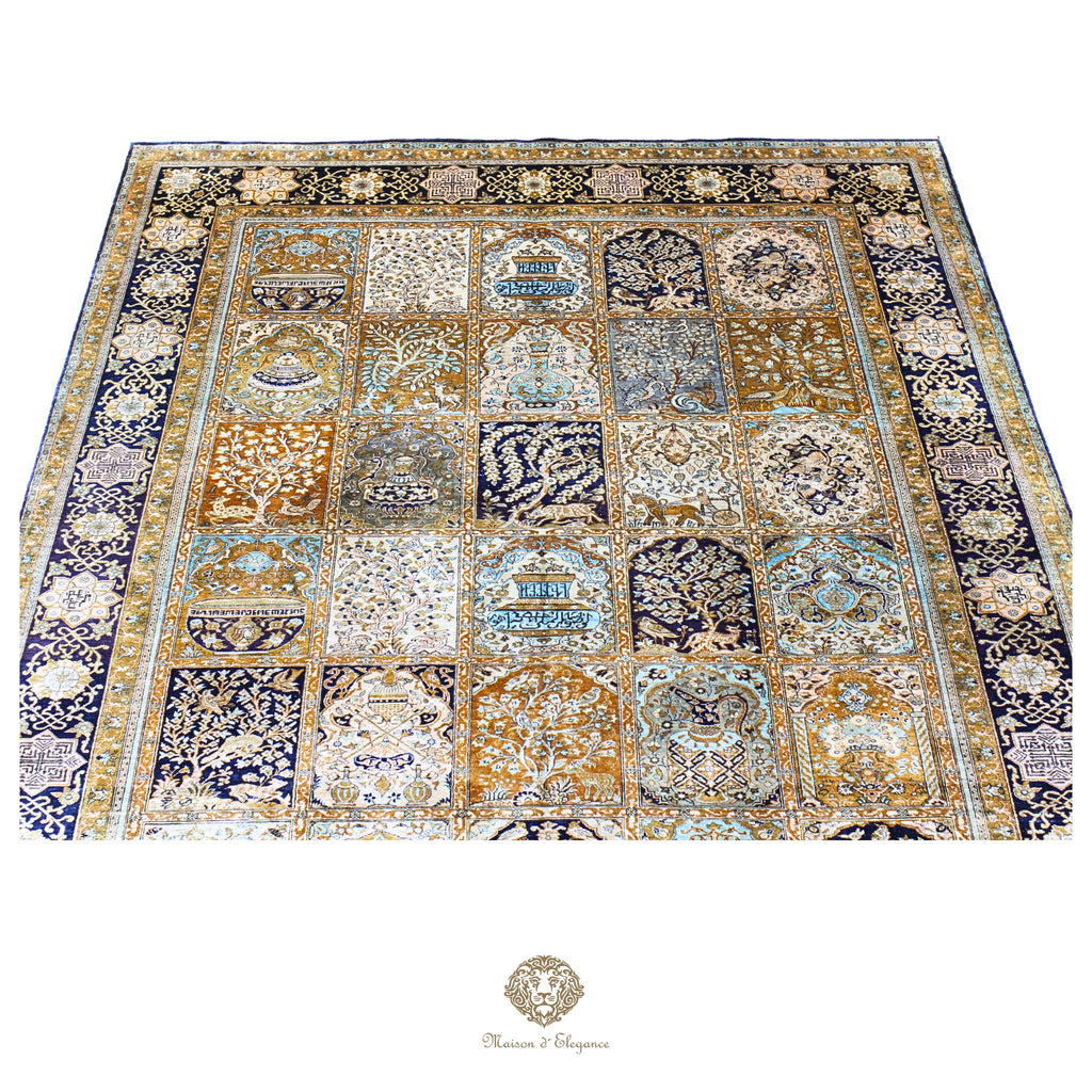 Alfombra persa de seda pura, anudada a mano, teñida con tintes naturales, | obra maestra con diseño floral integral, firmada, 180x300 cm